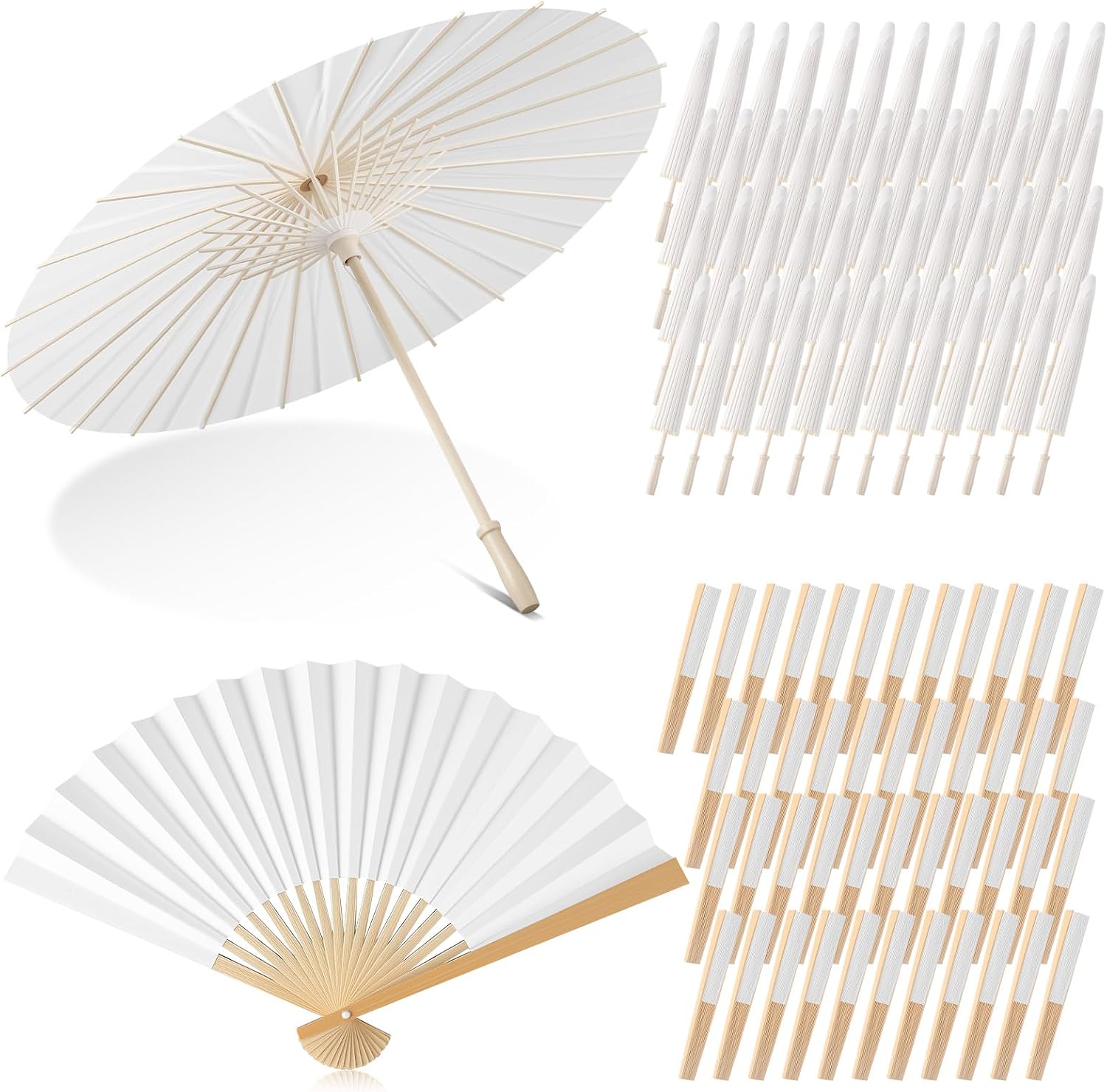 16/24/72/100 Pcs Wedding Paper Parasol Umbrella with Fans, Bamboo Parasol for Bridal Shower Garden Party Decor