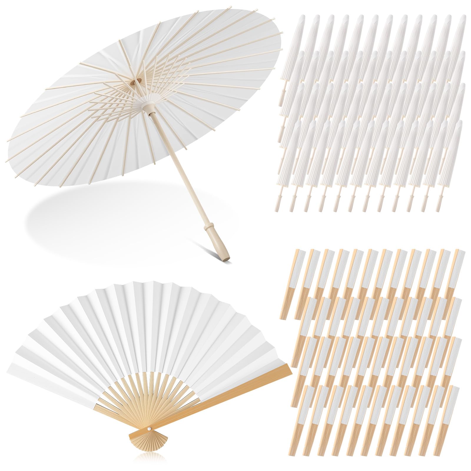 Photo 1 of SilTriangle 100 Pcs 16/24/72/100 Pcs Wedding Paper Parasol Umbrella with Fans, Bamboo Parasol for Bridal Shower Garden Party Decor (23.62 Inch,10.63 Inch,White)