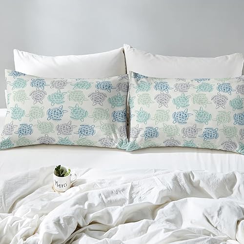 Miniatura 6 de Feelyou Juego de sábanas de tortuga marina con estampado de reptiles y animales acuáticos, 1 sábana bajera ajustable con 2 fundas de almohada,