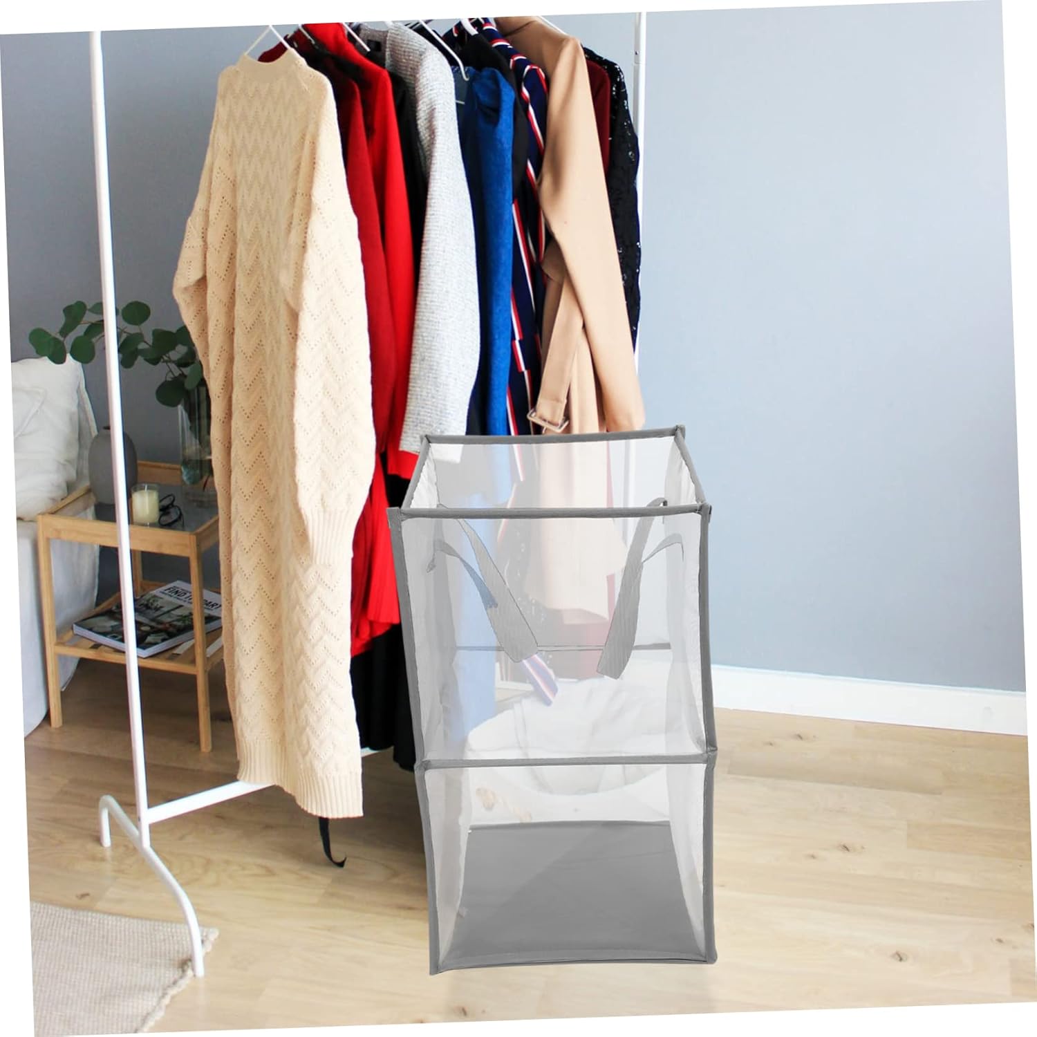 Luxshiny Foldable Grey Mesh Laundry Hamper with Handles PP and Polyester Collapsible Clothes Storage Basket for Home Organization Multi Use for Sports Gear Space Saving Design