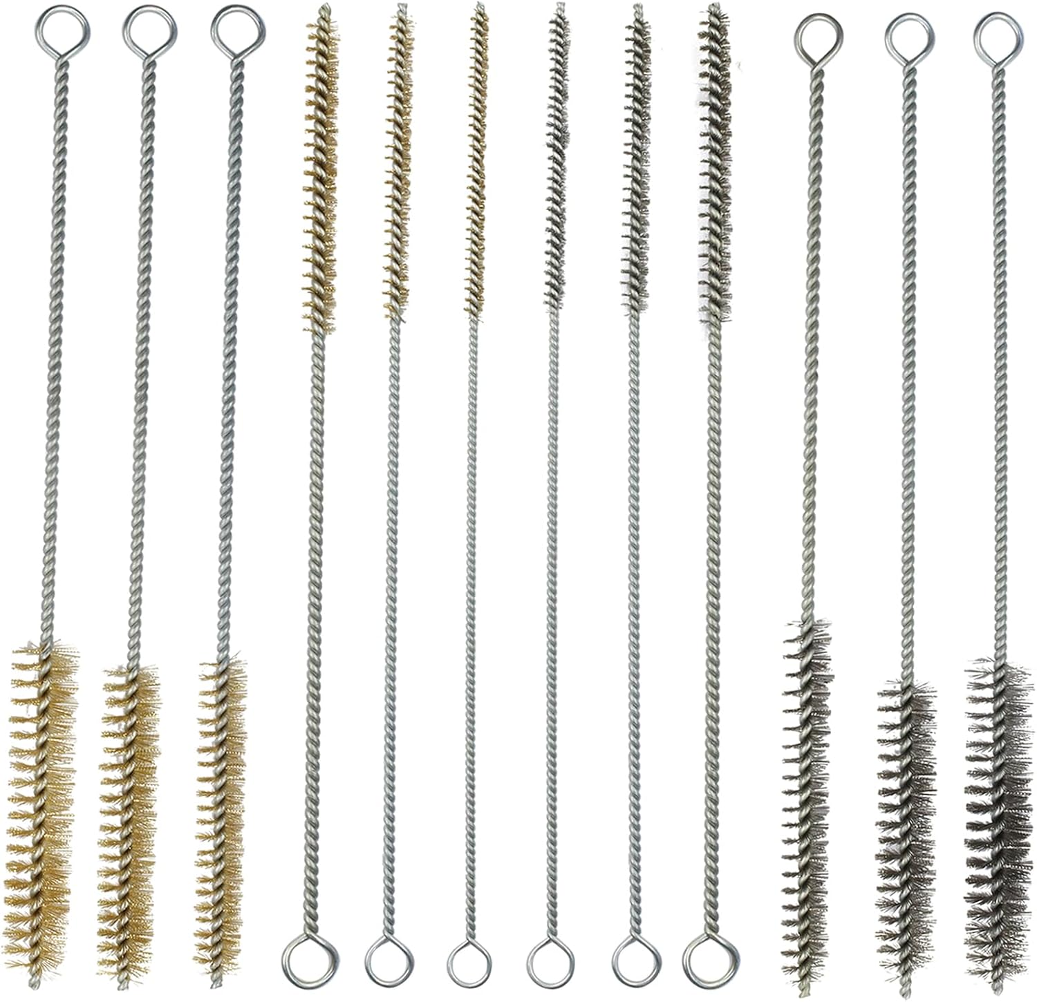 12 Pack Brass and Steel Wire Brush Set, 11 Inch Tube Cleaning Metal Long Wire Bottle Brush for Tubes/Cylinders/Bottles/Auto Parts (6,8,10,15,18,20mm)