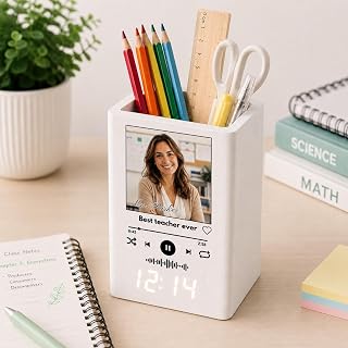 Personalized Teacher Photo Wooden Pen Holder with LED Clock, Custom Desk Organizer Gift, Teacher Appreciation Office Decor 2026