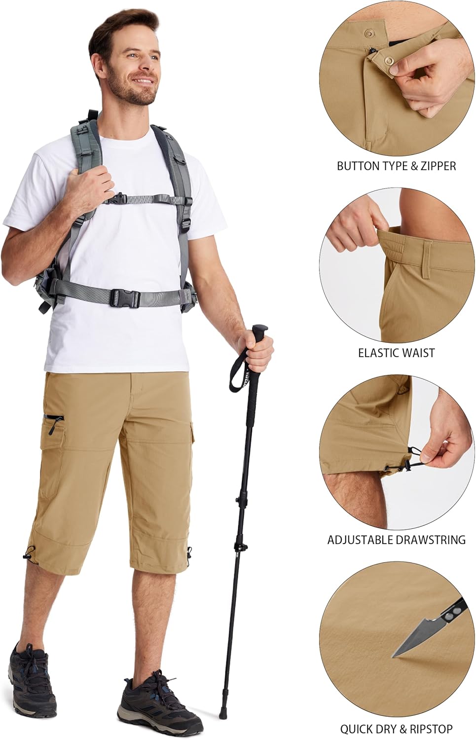 MAGCOMSEN Men's Workout Shorts 7 Pockets Quick Dry 3/4 Capri Pants Zipper Pockets Hiking Athletic Shorts - Image 4