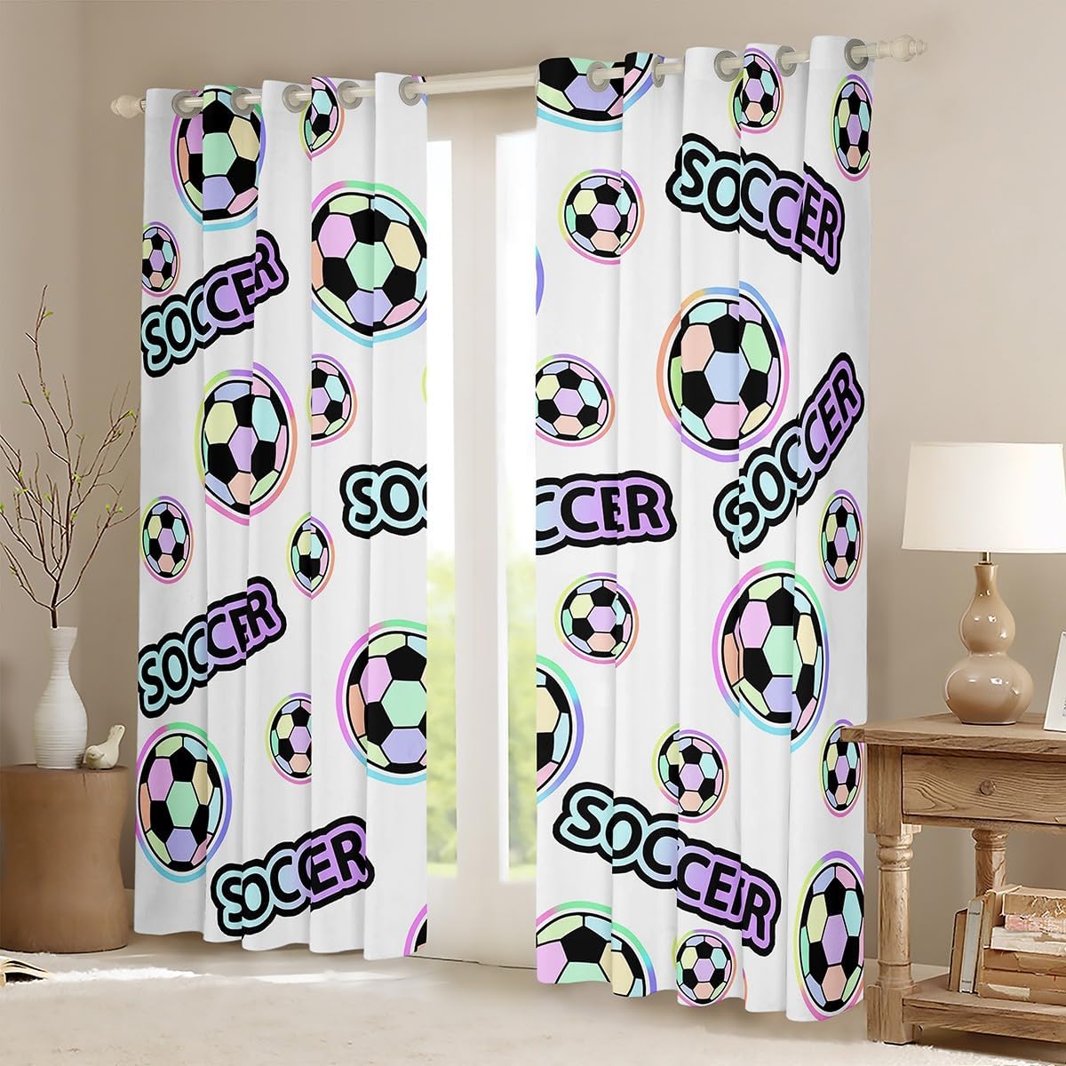 Feelyou Colorful Soccer Ball Window Curtains for Bedroom Living Room for Kids Boys Girls Sports Theme Window Drapes Cartoon Style Curtains Bedroom Decor Cute Window Treatments 38W X 54L,2 Panels