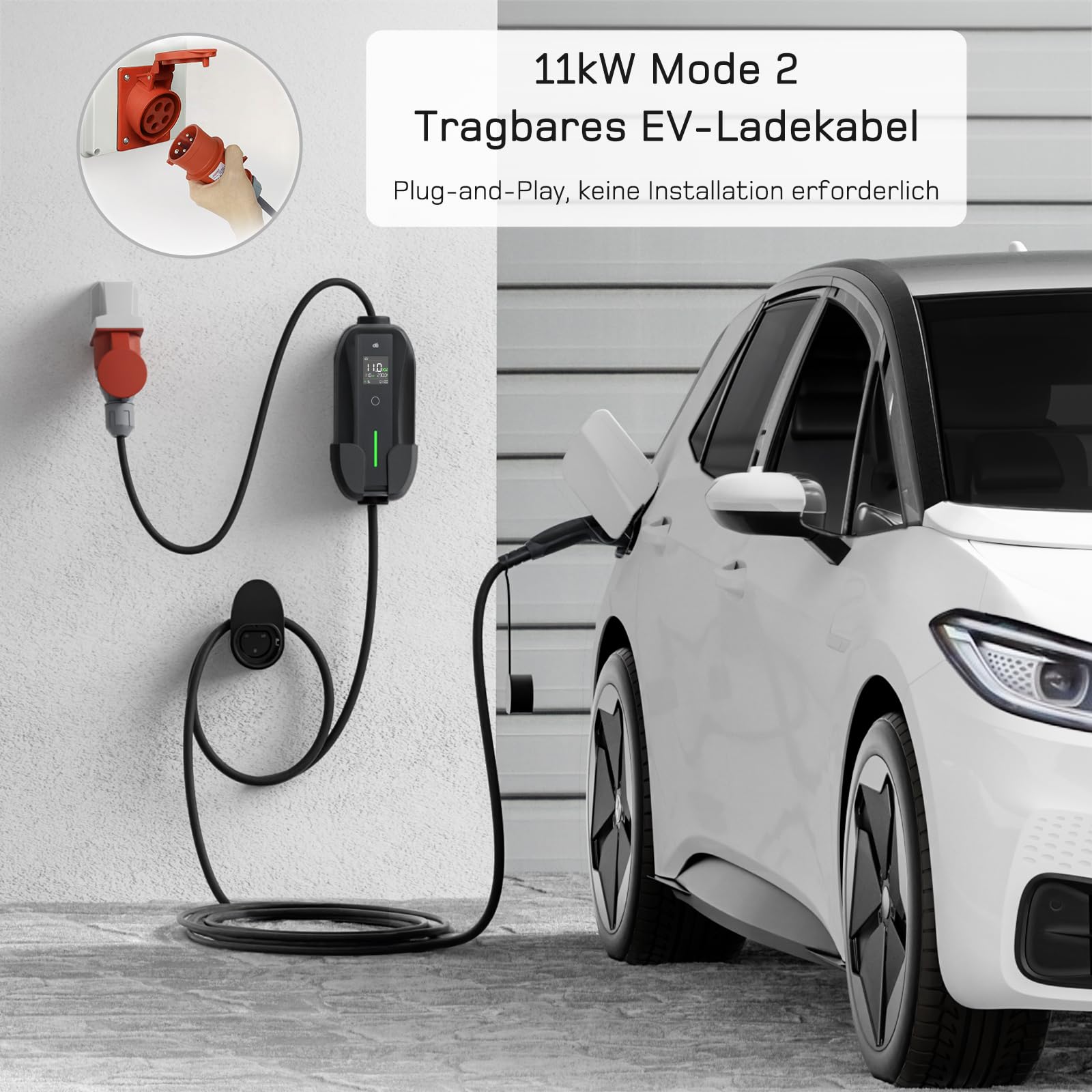 dé Mobile Wallbox/Ladestation 11kW [3-phasig|7m|6-16A] mit Einstellbarer Ladeleistung, Ladekabel CEE 16A auf Typ 2 und EV Ladegerät für Model Y/3, ID.3/4/5, MG4, EX30, e-up, e-tron, Zoe und andere EV