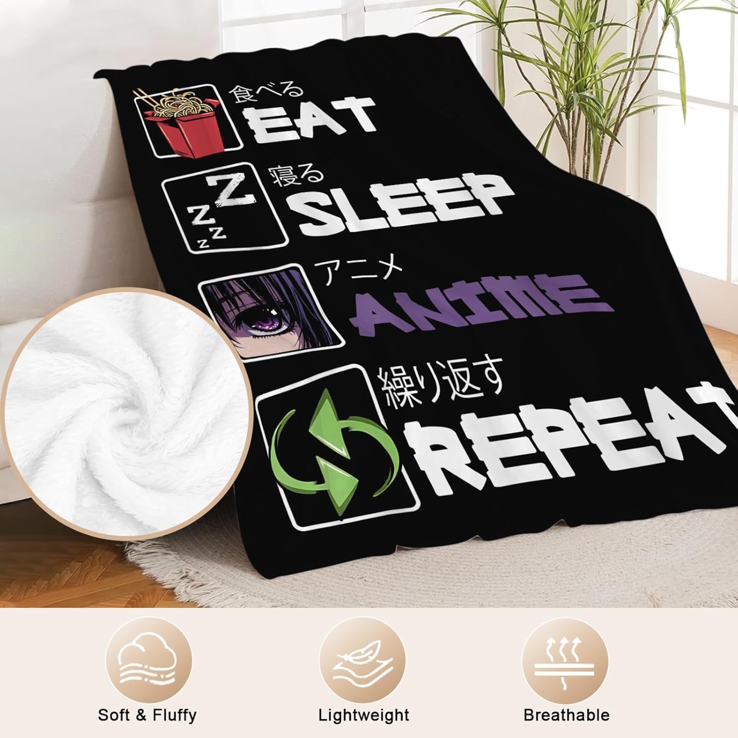 Eat Sleep Anime Blanket for Boys Girls Flannel Anime Throw Blanket Ultra Soft Cozy Fleece Decor Blankets Gift for Womens Mens Couch Sofa Bed 50" x 40" - Image 3