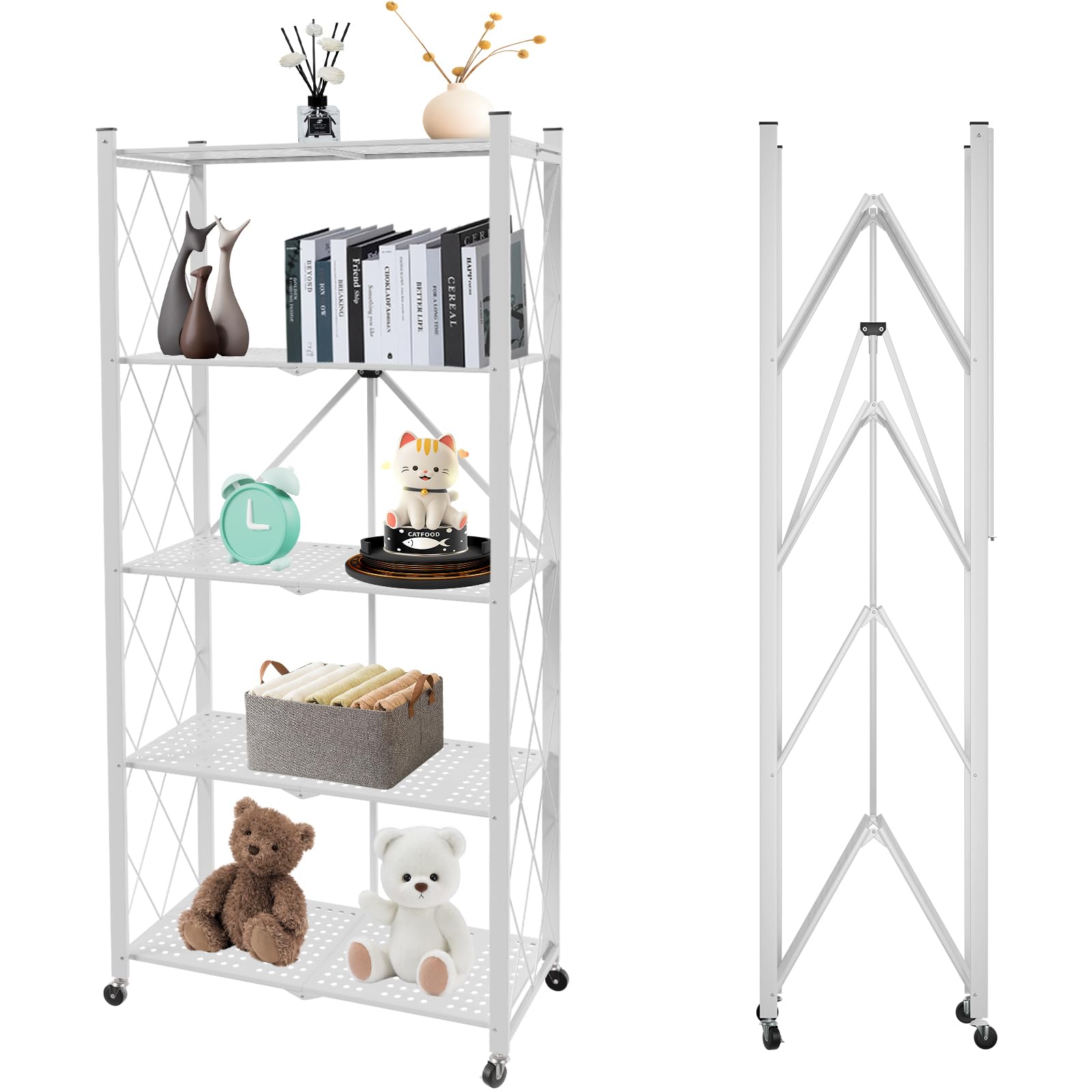 5 tier folding shelf with wheels,metal steel collapsible shelves,no assembly portable shelves organizer rack,rolling standing utility rack for kitchen, pantry, office, white