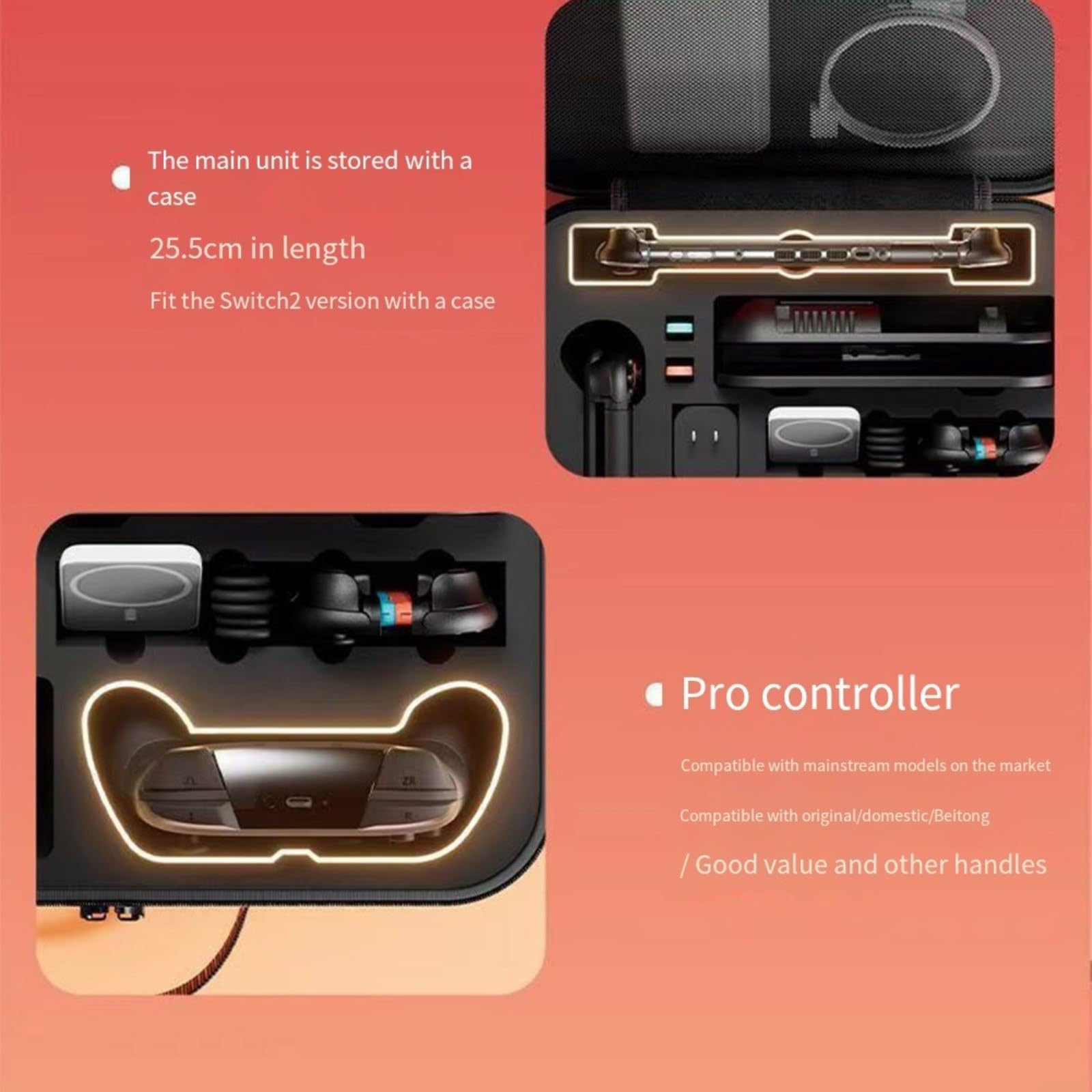 Custodia per Nintendo Switch 2, robusta custodia in EVA + PU con molto spazio, custodia impermeabile per console e accessori, compatta e leggera, nera (doppio manico)