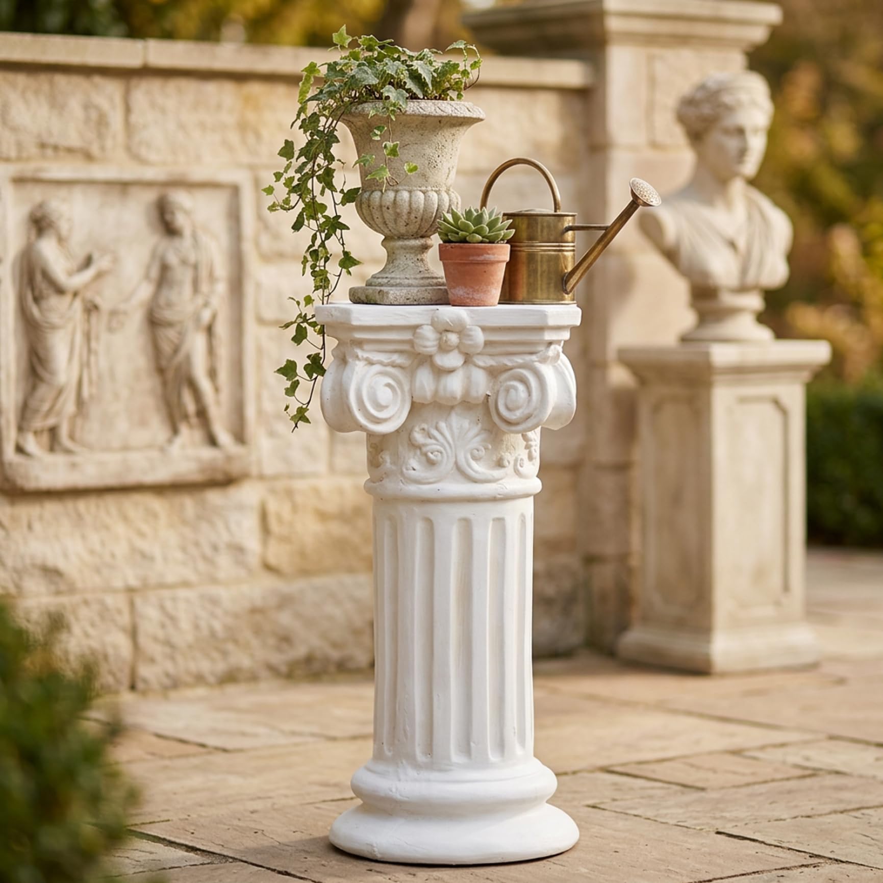 Pedestal de Columna Romana Elegante Base de Resina Blanca para estatuas de jardín y decoración del hogar Soporte para Escultura de 40 cm de Altura.