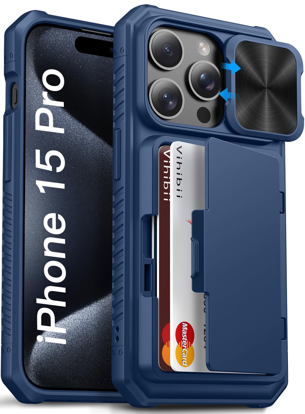 Vihibii for iPhone 15 Pro Wallet Case with Card Holder (4 Cards) & Slide Camera Lens Protective Cover & Kickstand, Heavy Duty Shockproof Rugged Durable Phone Case for iPhone 15 Pro 5G 6.1" 2023, Blue