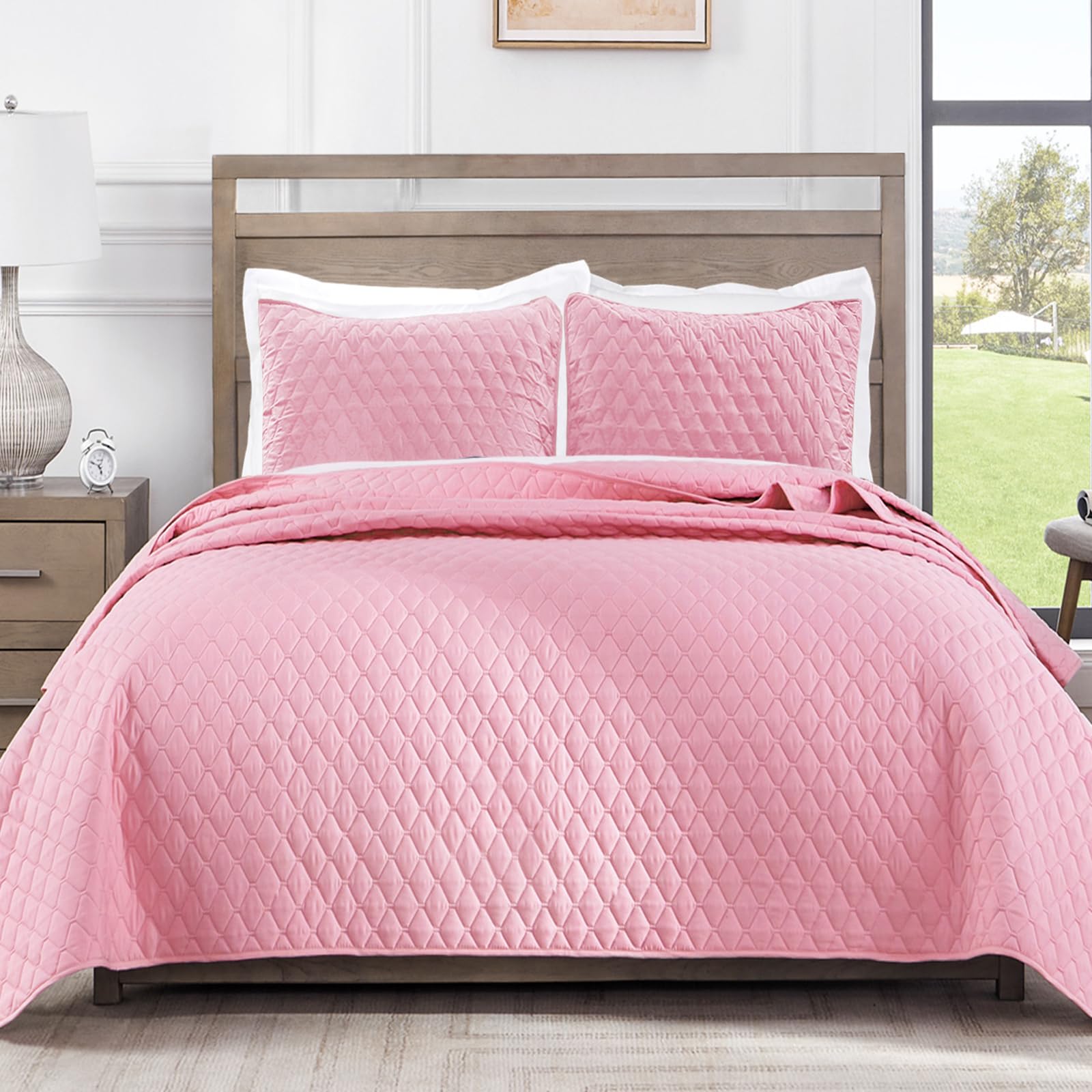 Exclusivo Mezcla Ultrasonic 3 Piece Full Queen Size Quilt Set with Pillow Shams, Lightweight Bed Cover Soft Bedspreads Coverlet Set - (Bright Pink, 90"x96")