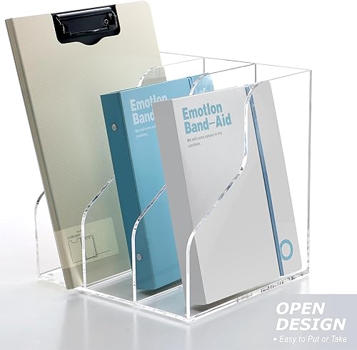 Miniatura 6 de SANRUI Soporte para revistas de acrílico con 3 ranuras, organizador de archivos de escritorio, estantería, clasificadores de espacio de trabajo,