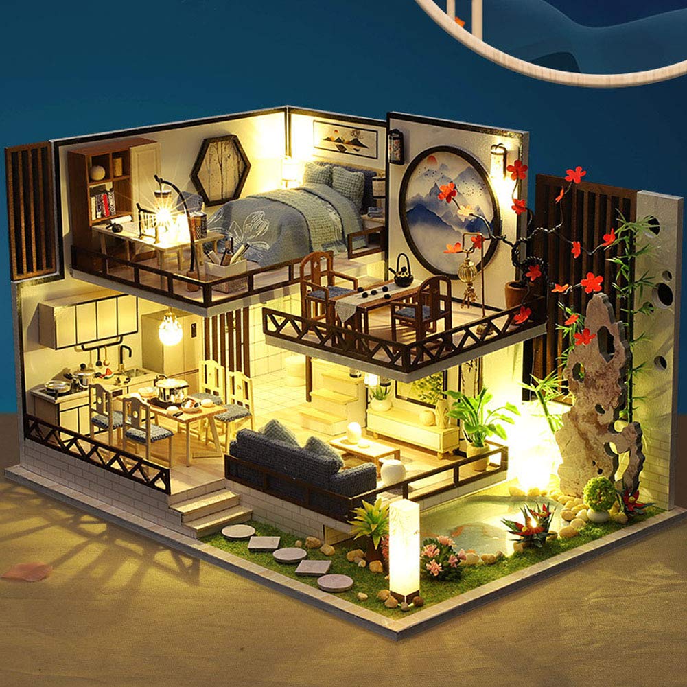 Domek dla lalek zestaw z pyłoszczelną okładką i ruchem muzycznym waga 1:24 drewniany DIY miniaturowy domek dla lalek zestaw zabawka prezent (atrament pachnący bambusowy rym)