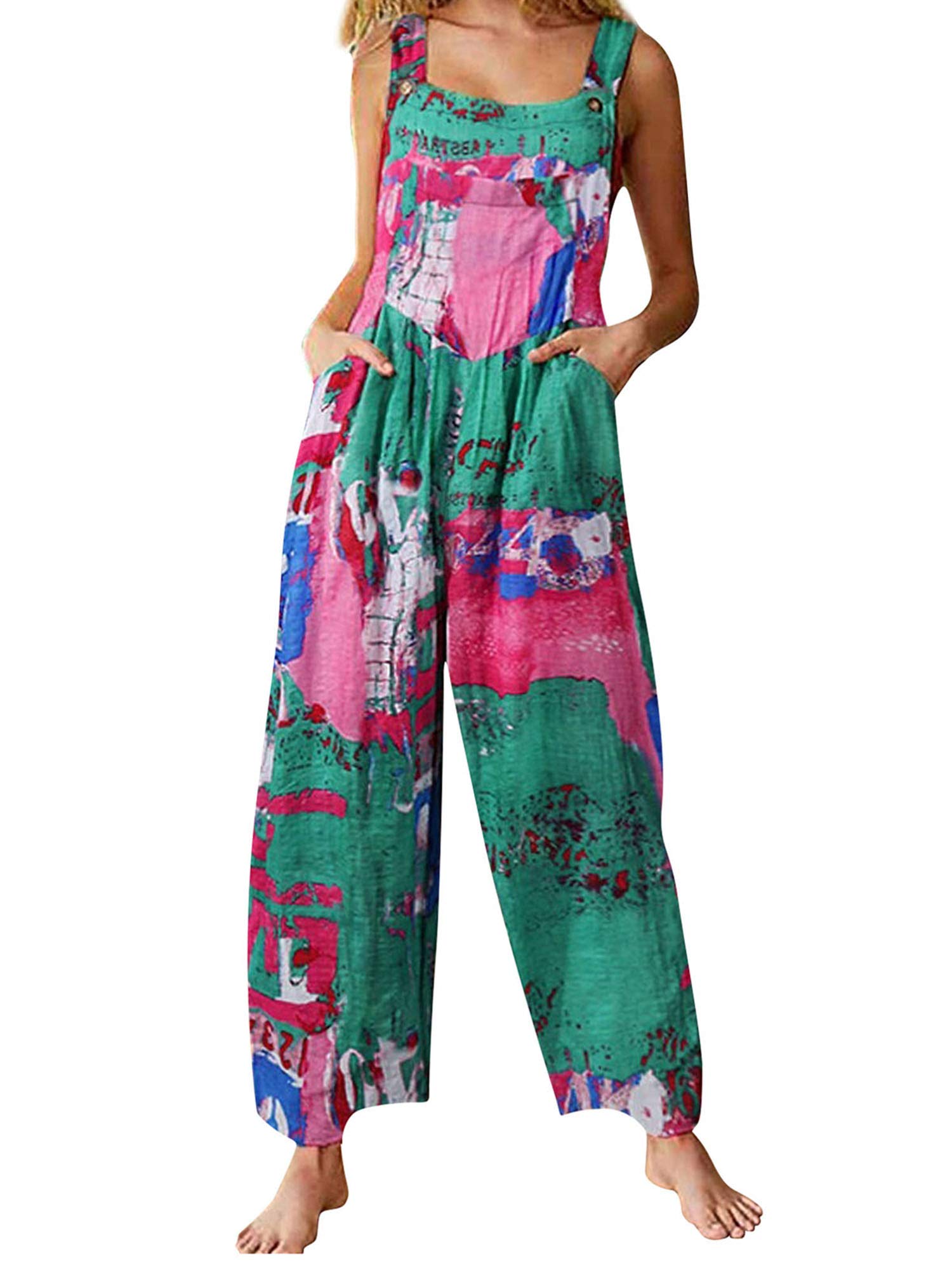 Achlibe Summer Casual Womens Sleeveless Boho Floral Baggy Overall Long Jumpsuit Playsuit Trousers Pants Dungarees Rompers Green