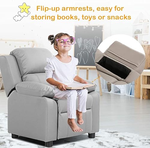 Miniatura 4 de ReunionG Sofá reclinable para niños, sillón de cuero para niños con reposapiés, reposacabezas, silla reclinable de juegos para sala de estar,