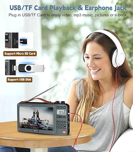 Miniatura 9 de Radio de video de película AM FM con pantalla de 720P de 7 pulgadas con altavoz Bluetooth, radio digital recargable de onda corta MP3 MP4,