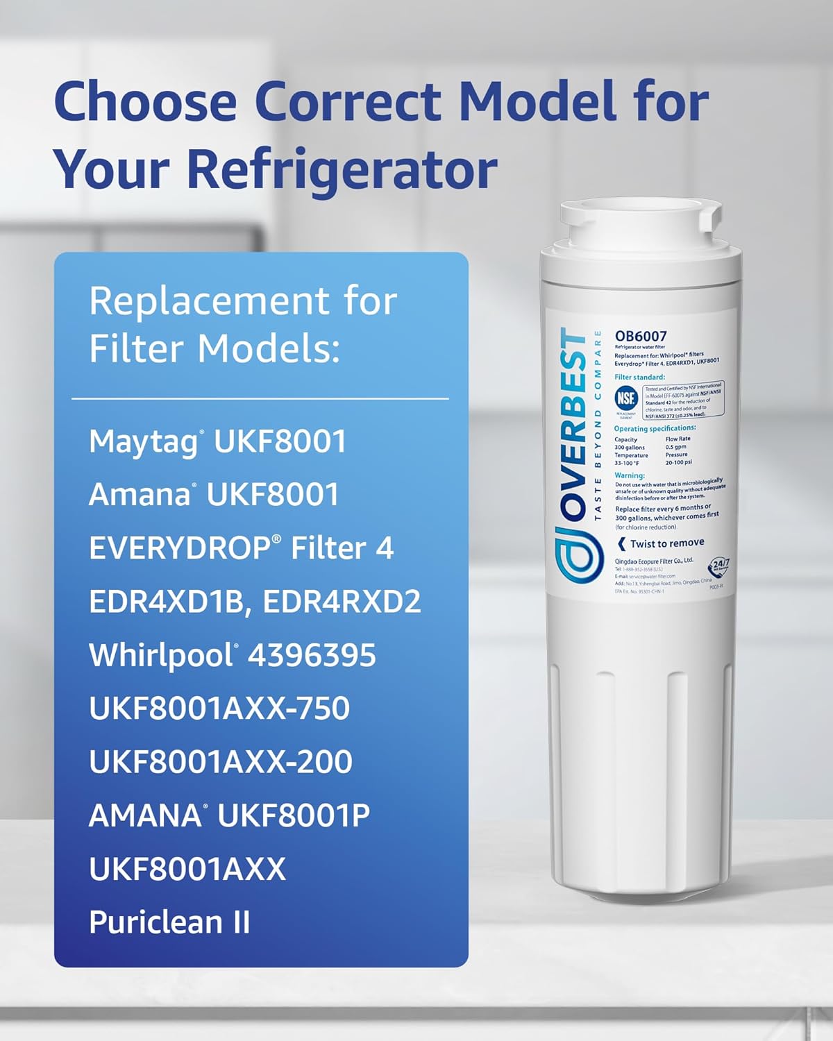 Overbest UKF8001 Replacement for EveryDrop by Whirlpool Refrigerator Water Filter 4, EDR4RXD1, Pack of 3