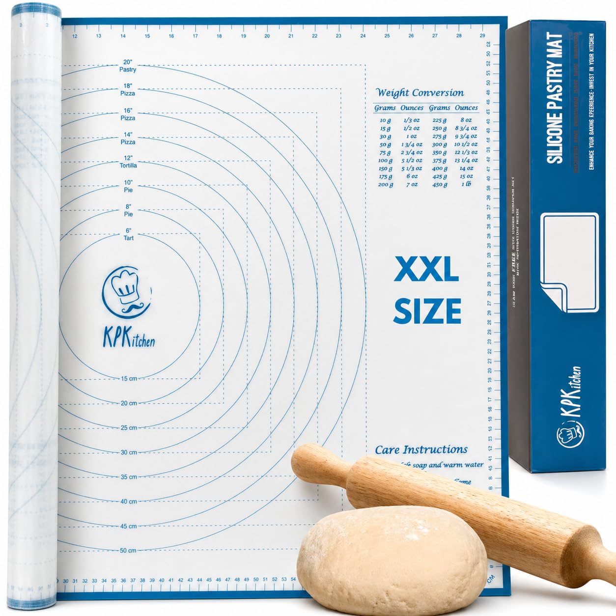 KPKitchen Extra große Silikon-Backmatte zum Ausrollen von Teig, rutschfest und haftend, XXL-58,1 cm (B) 89,1 (L) – mit Messung Fondant-Matte Teigrollmatte Backmatte für Kuchen Krüsten