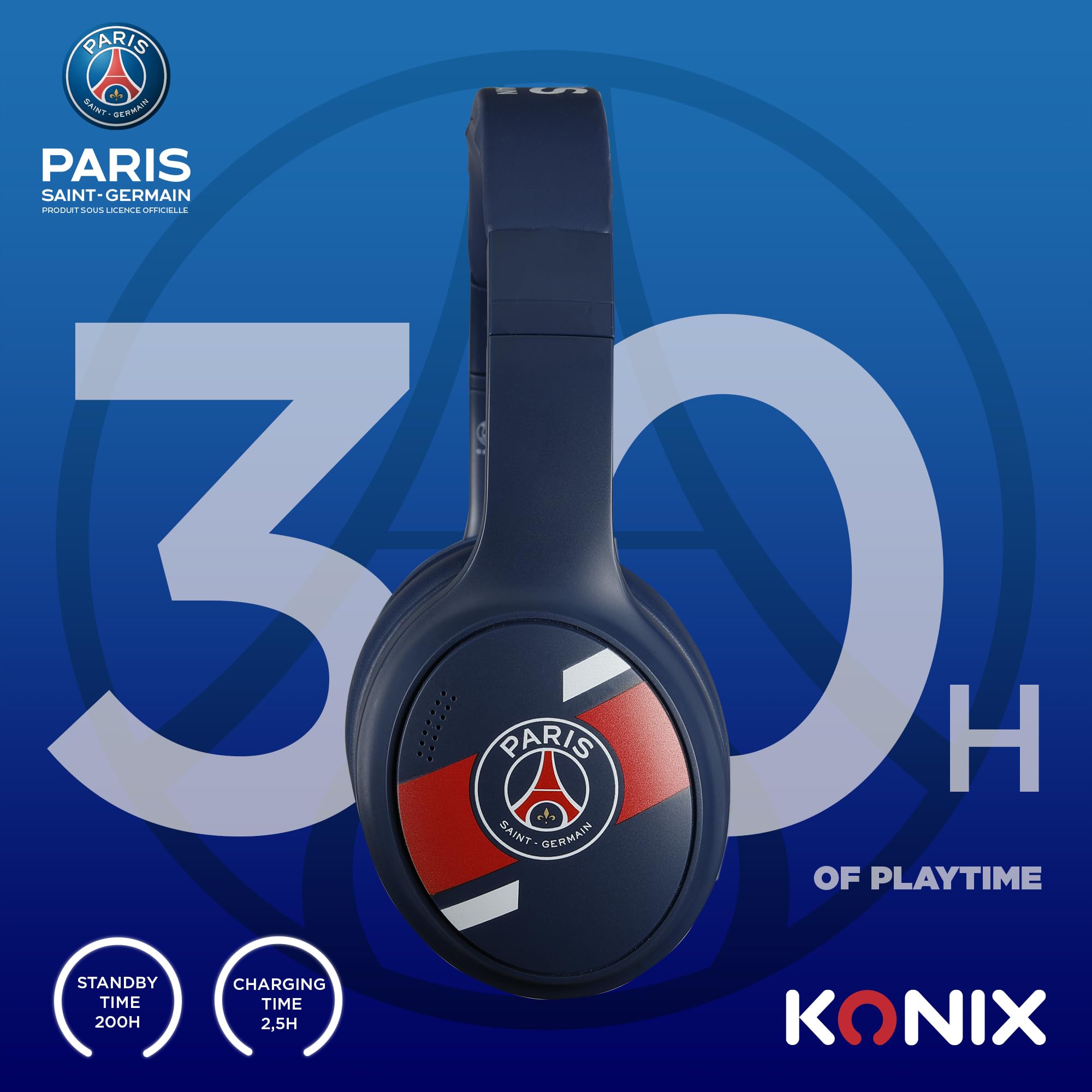 Konix PSG Casque Audio sans Fil Bluetooth 5.3 PC, Smartphones, tablettes - Microphone - Autonomie 25 h - Câble Jack 3,5 mm - Bleu