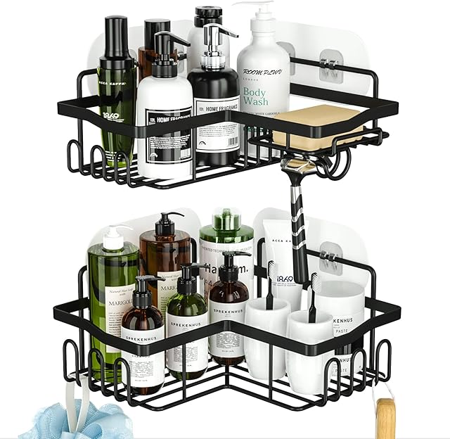 HapiRm Shower Caddy Bathroom Corner Shelves with Soap Dish Holder, Bathroom Storage with 11 Hooks for Hanging Razor, Shower Ball, Towel, Black