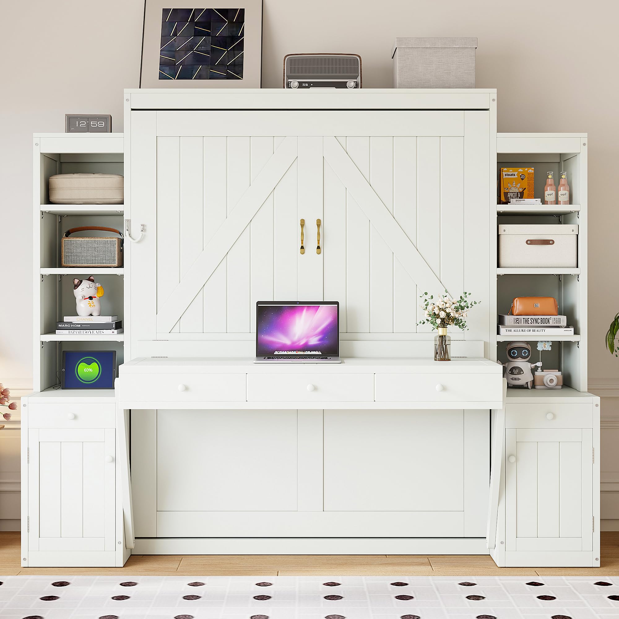 Photo 1 of ****PARTIAL SET, MISSING BOXES 1,2 & 3 ***** Merax Queen Size Murphy Bed with Desk and LED Lights, Power Outlet, Foldable Murphy Cabinet Bed with Storage Shelves & Drawers, Wood Space-Saving Hidden Wall Bed for Guest Room, Antique-White
