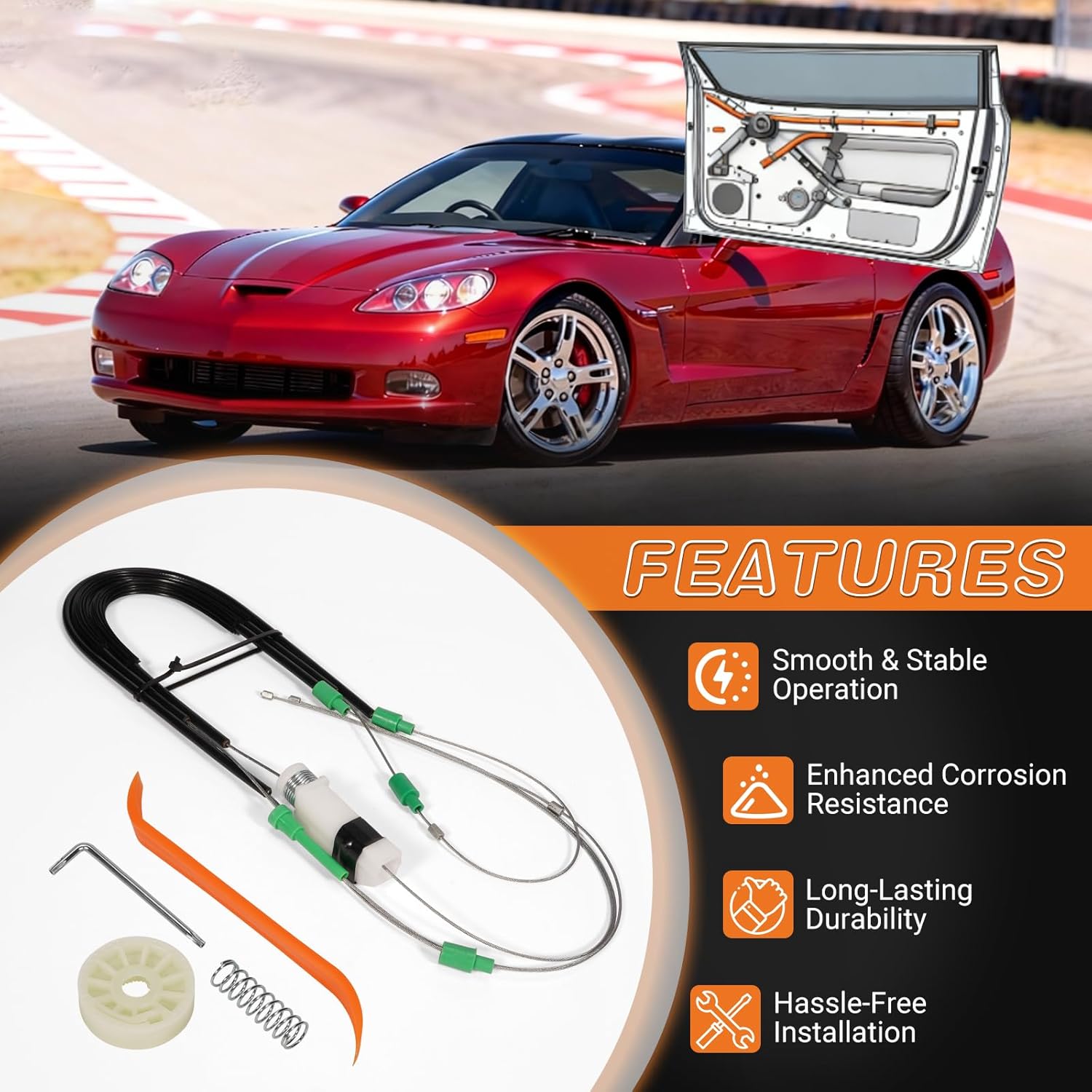 Window Regulator Repair Kit Fits for Chevrolet Corvette C6 2005-2013 Front Right Side Passenger Side Window, Fixes Stuck/Jammed Windows, Door Passenger Window Glass
