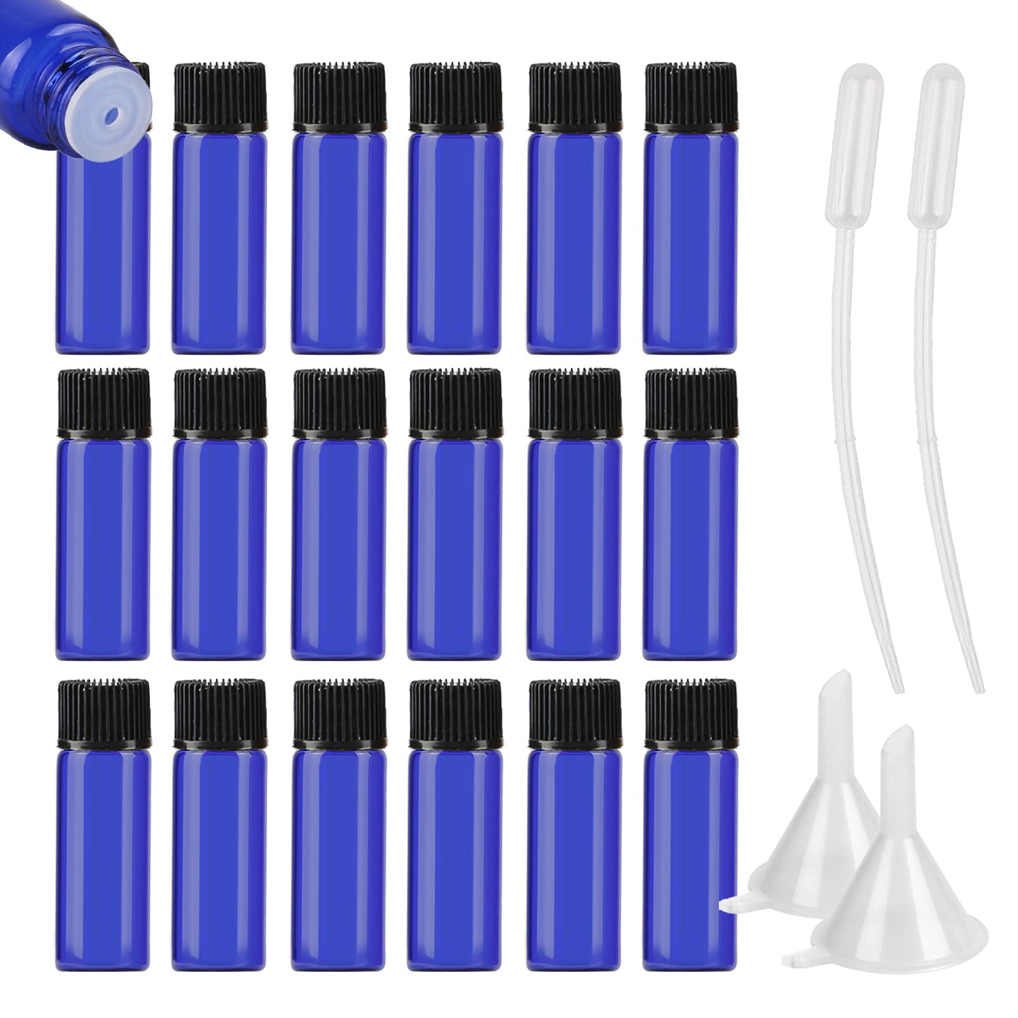 200 Stück Kleine Leer 5ml Blauglas Flasche mit Öffnungsreduzierer, Braun Tropfflasche mit Schwarz Schraubverschluss Glasflaschen für Ätherisches Öle Essenzen Aromatherapie