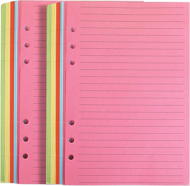FANDAMEI 100 Sheet A5 Coloured Ruled Notepaper for Filofax - 6 Punched Holes 8.23x5.59 Inch Loose-Leaf Refillable Lined Paper, A5 Diary Planner Inserts Refills for Notes Meeting Travel Record