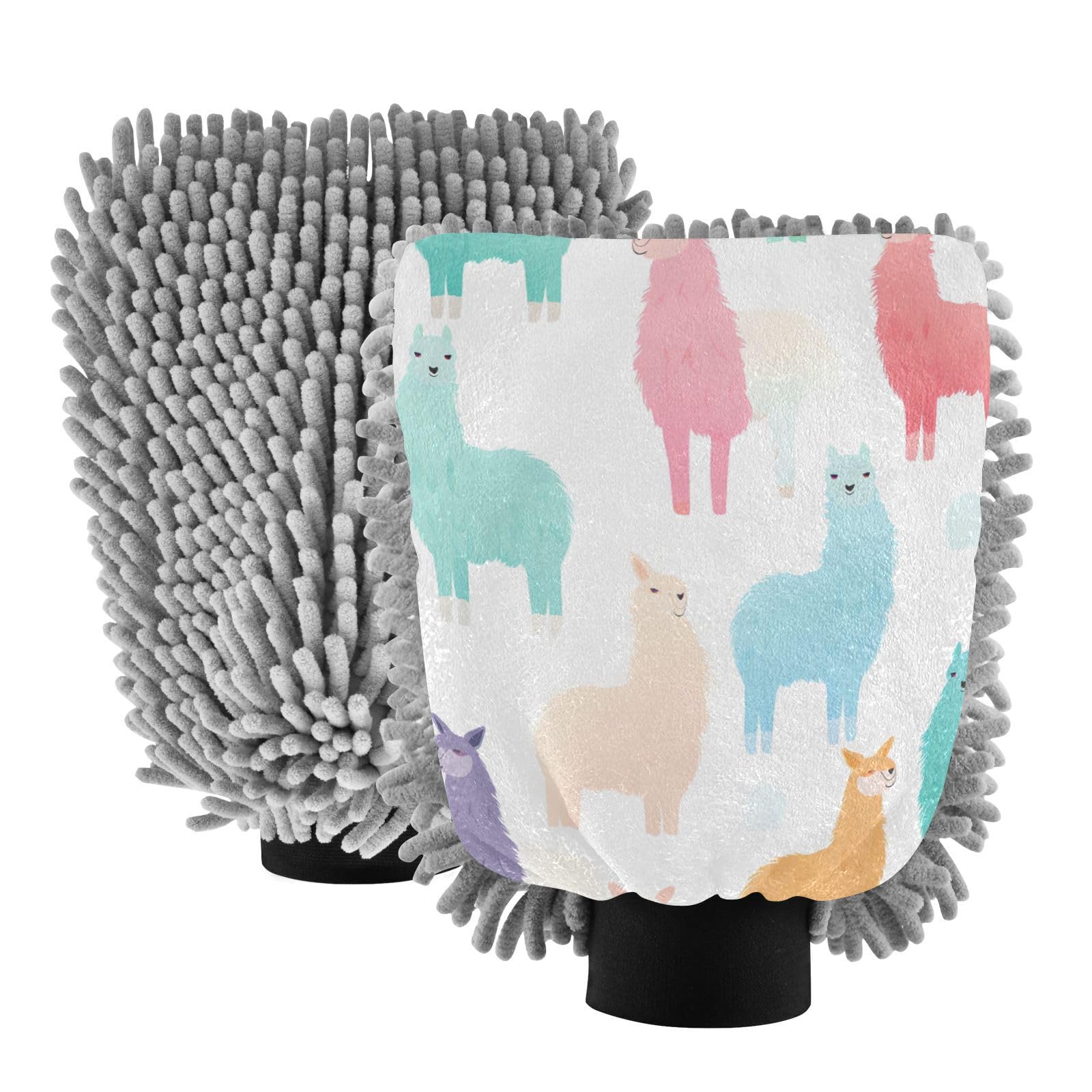 IOACIY Absorbent Microfiber Car Wash Drying Mitts, 2 Pack, Scratch-Free & Lint-Free, Rich Foam, Highly Absorbent, Double Sided, Wash Mitt Perfect for Car Washing, M, Cute Alpaca (1)