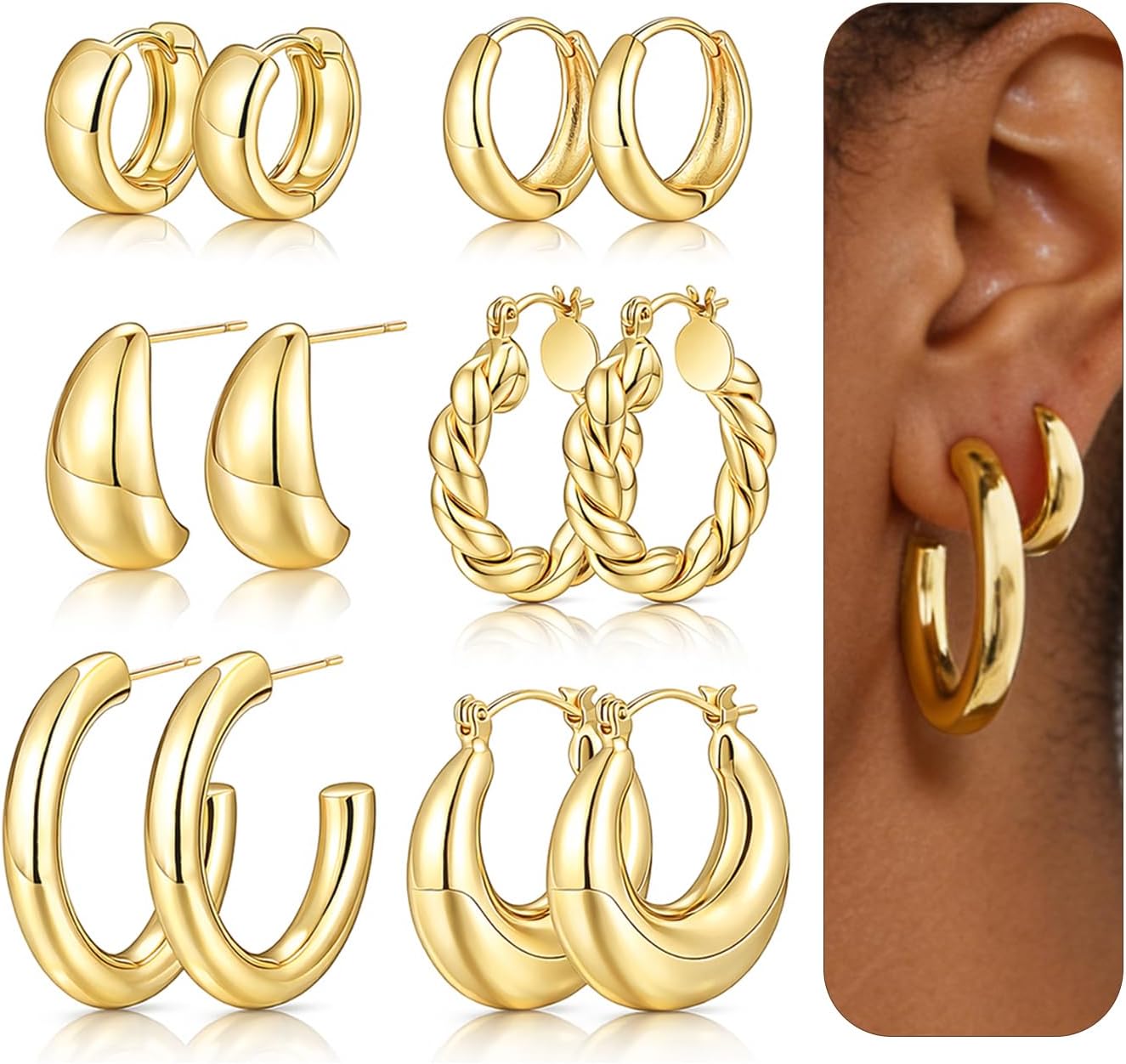 6 Pairs Simple Gold Hoop Earrings Set for Women Trendy, 14K Gold Plated Chunky Hollow Tube Hoops Earrings, Hypoallergenic Lightweight Large Hoops Jewelry 25/30/35mm