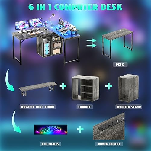 Miniatura 4 de Cyclysio Escritorio para juegos en forma de L con gabinete de madera, escritorio esquinero grande de 58 pulgadas con luces LED y toma de corriente,