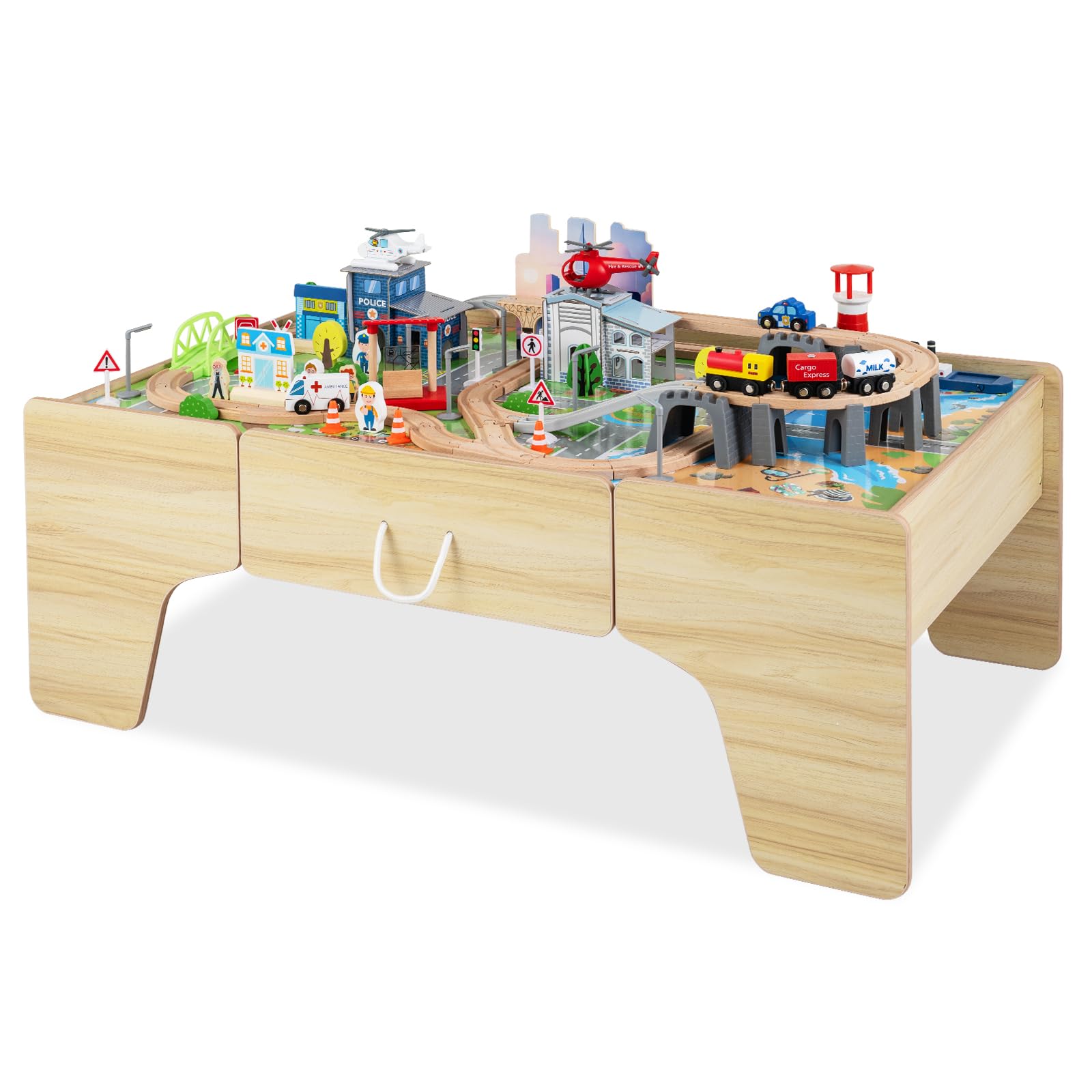 GYMAX 3-in-1 Train Track Set, Wooden Kids Activity Table