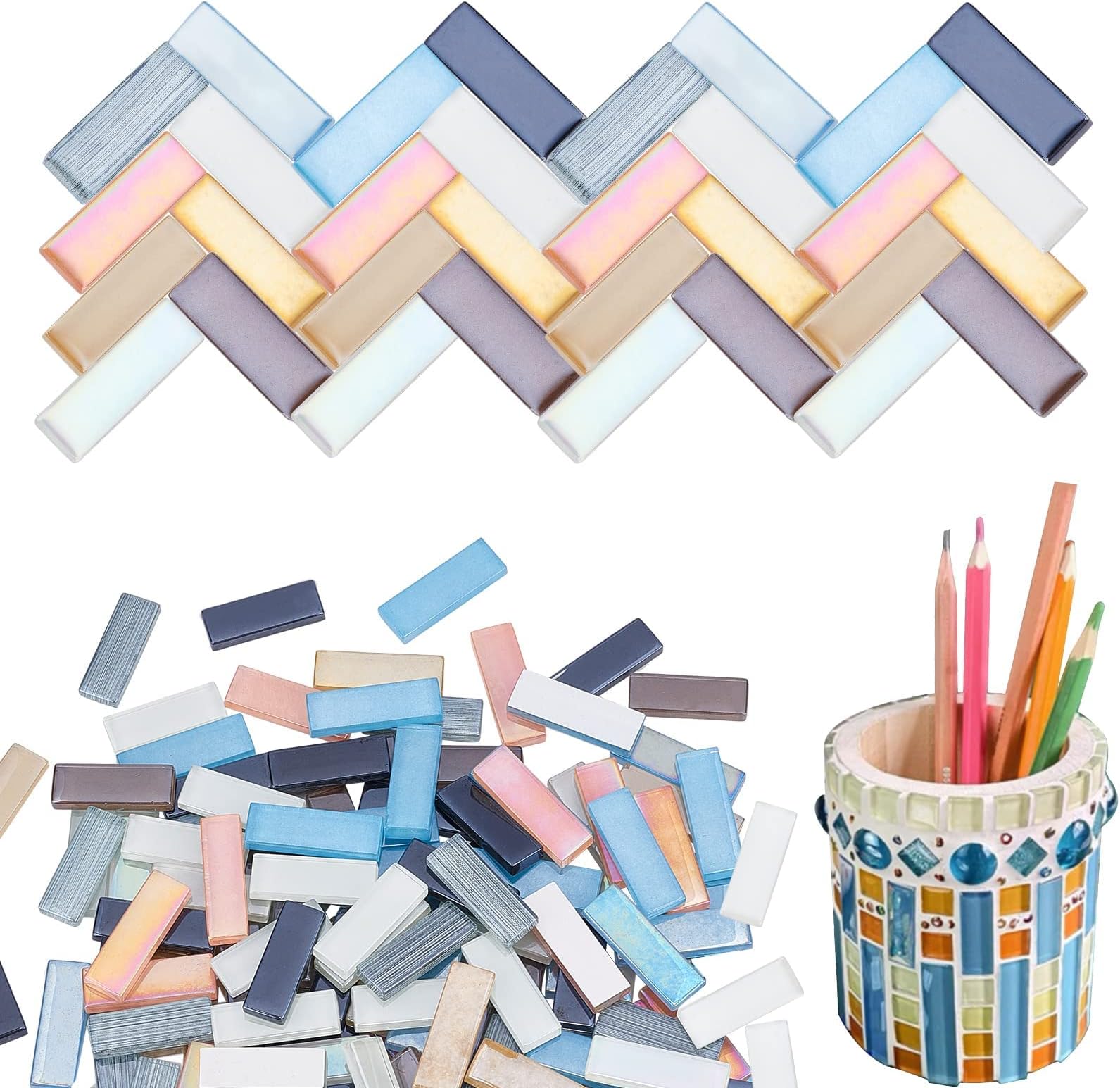 TERRIFI Glass Mosaic Tiles Long Glass Cabochons Translucent Mosaic Pieces Sets Colorful Bulk Loose Glass Pieces for DIY Picture Coaster Home Mosaic Decoration, Rectangular 70pcs