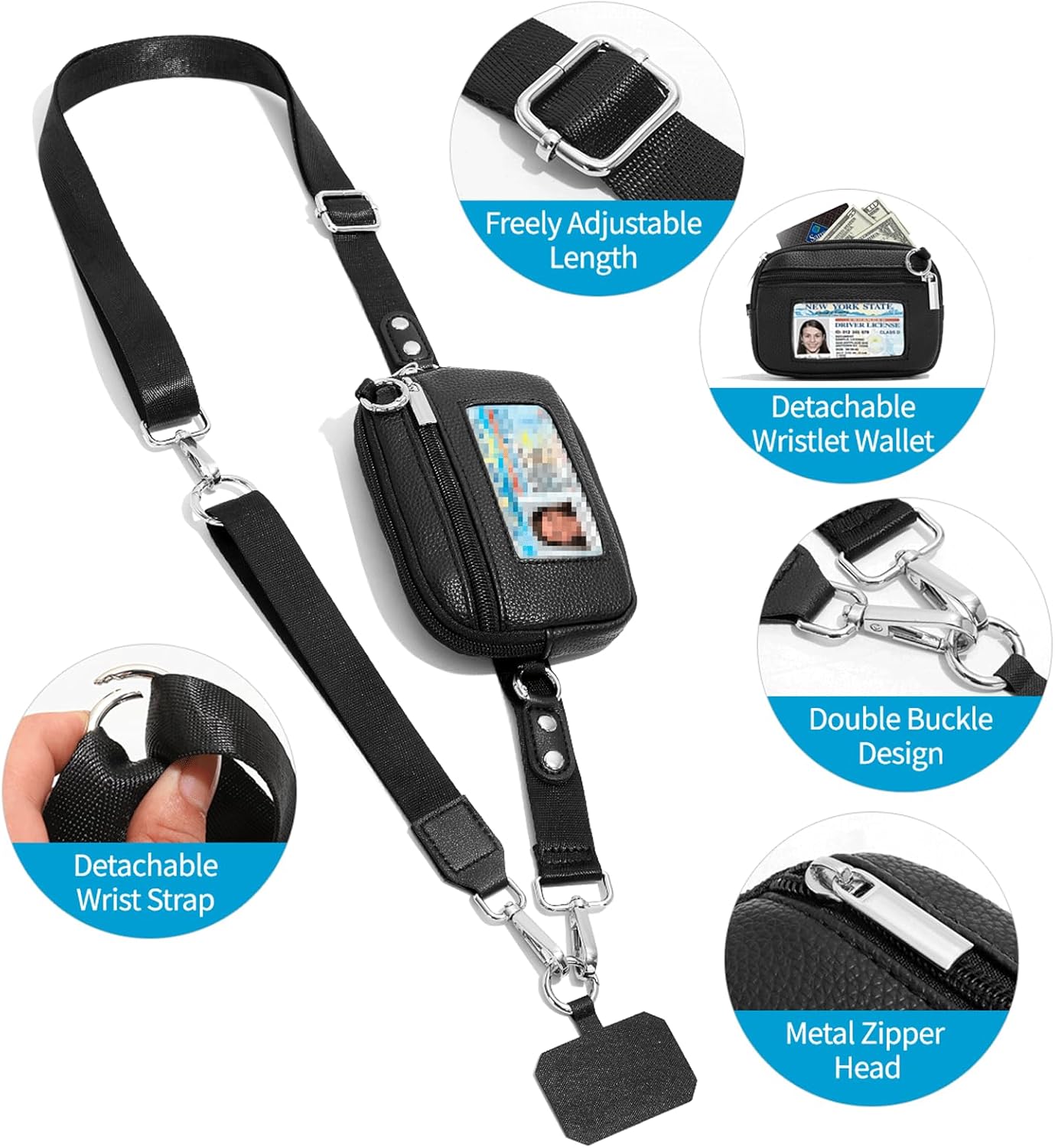 Phone Lanyard Crossbody with Wallet, Save the Hand for Girls Phone Strap Clip and Go Adjustable, 2 Cell Phone Clips & a Wristlet, Zippered Leather Bag for ID Cards, Money for Women Travel, Black - Image 7