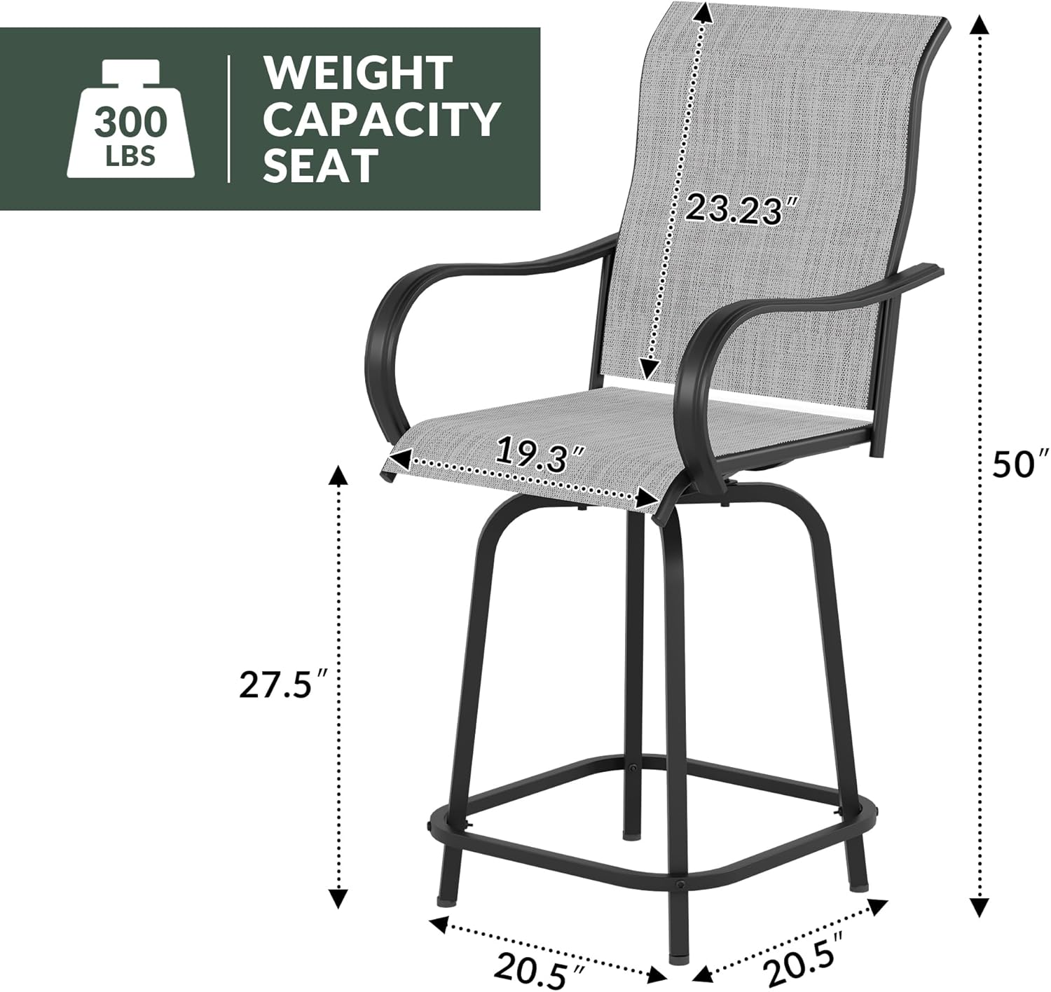 Patio Swivel Bar Stools Set of 2 - Outdoor Bar Height Chairs with High Back and Armrest for Deck, Pool, Garden, Backyard - All-Weather Metal Frame Textilene Fabric, Grey