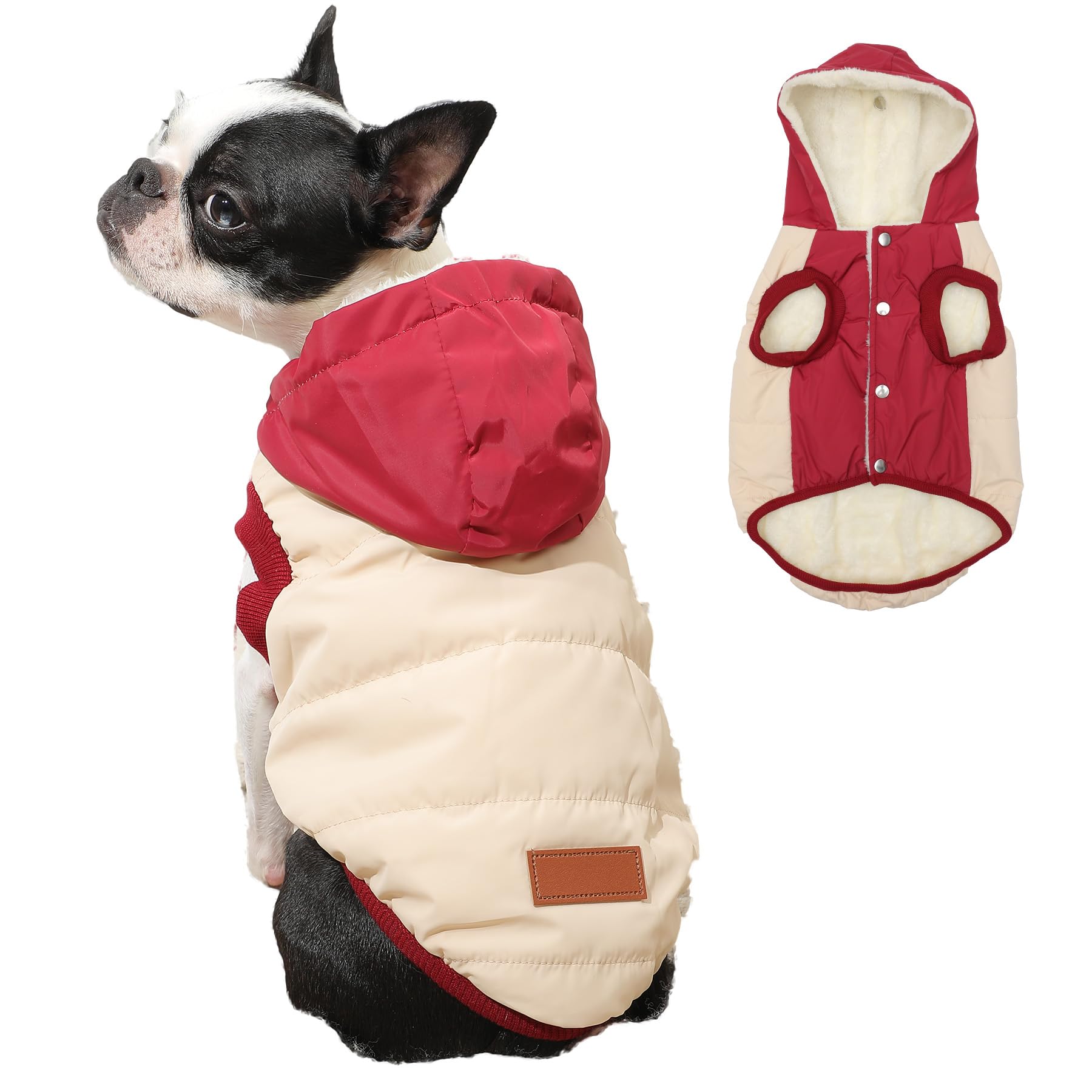 Vecomfy Fleece Lining Extra Warm Dog Hoodie in Winter for Small Dogs Jacket Puppy Coats with Hooded,Beige and Red M — image 1