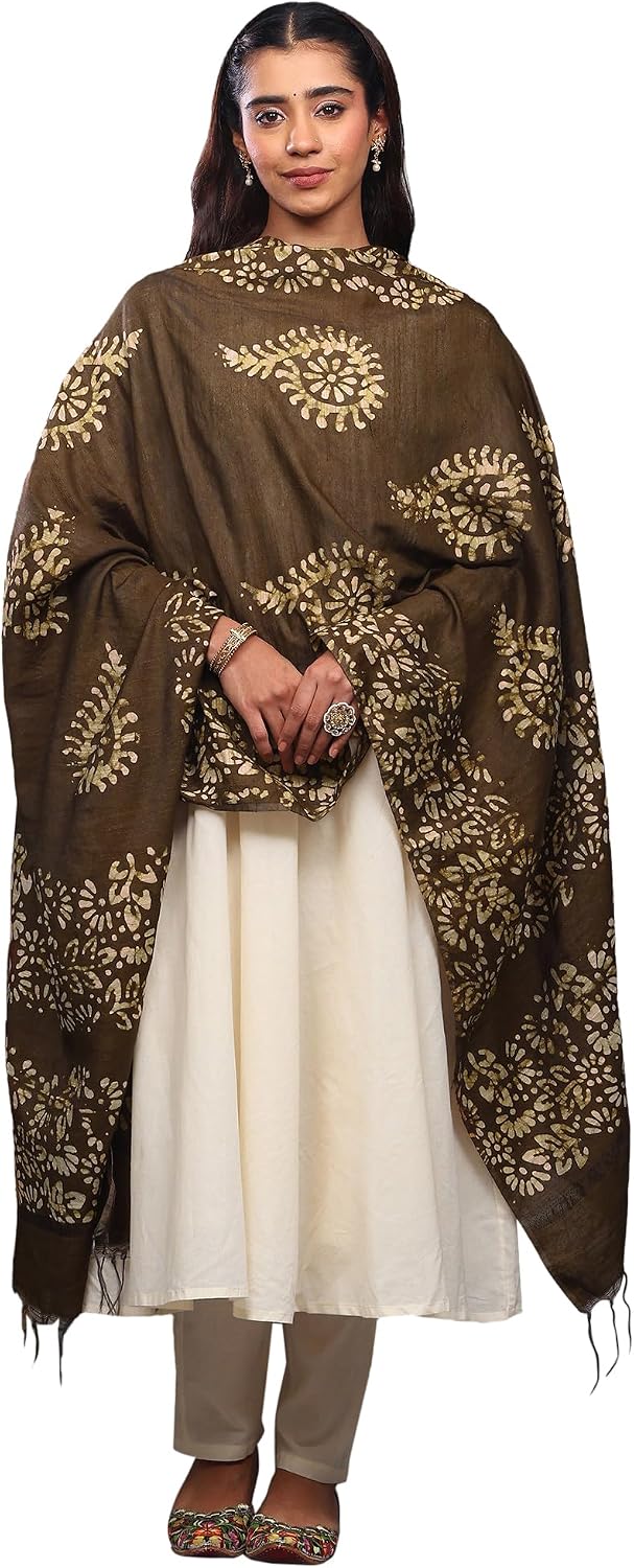 Exotic India Art Silk Dupatta with Batik Floral Printed and Fringes | Ethnic Flowers Leaf Design Stole, Dupatta for Women's