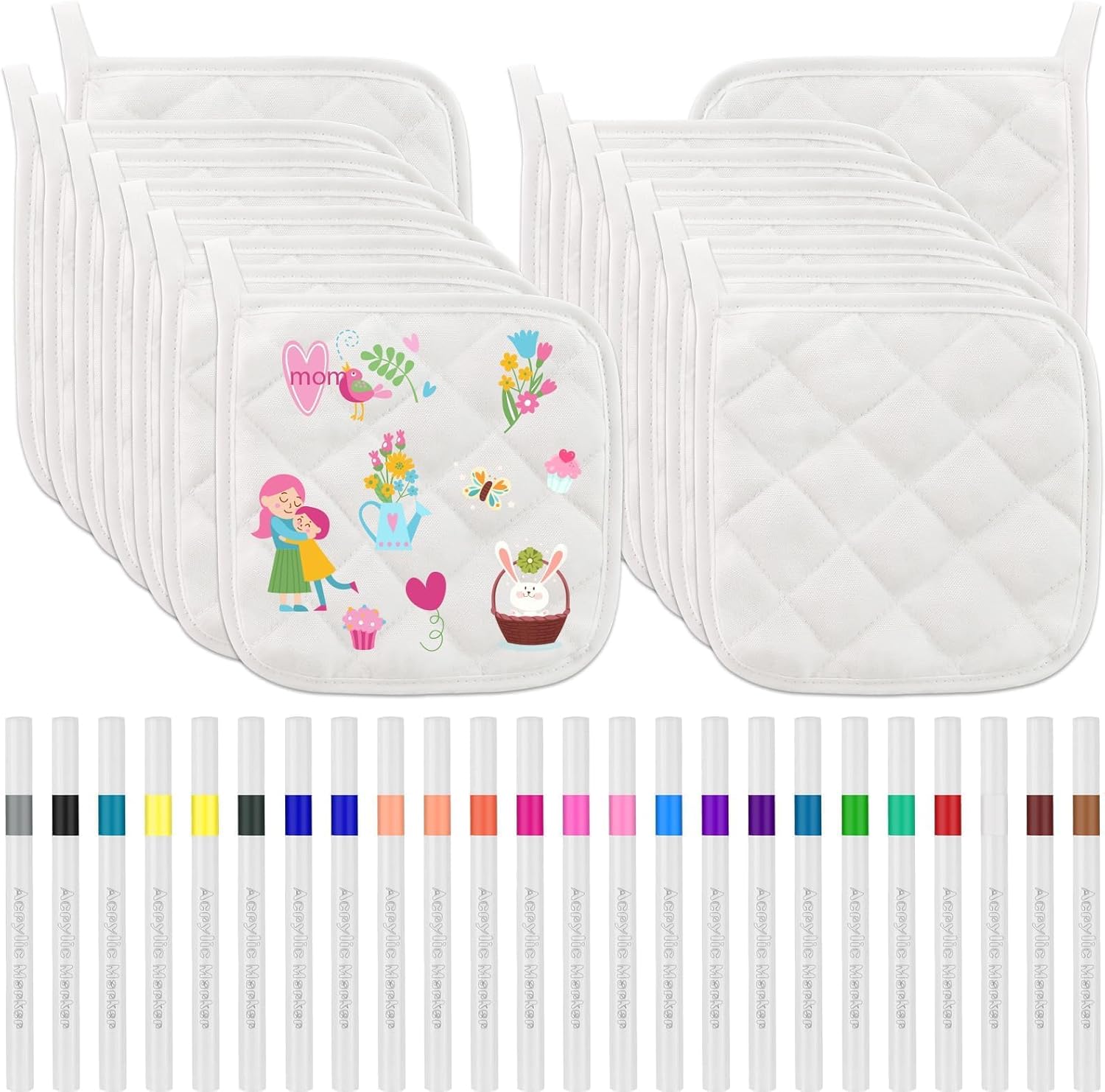 16 Pack DIY Pot Holders Craft Set White Blank Pot Holders Bulk Cloth Heat Resistant Hotpads with 24 Pcs Colored Marker Pens Kitchen Cooking Baking DIY Activities Mother's Day