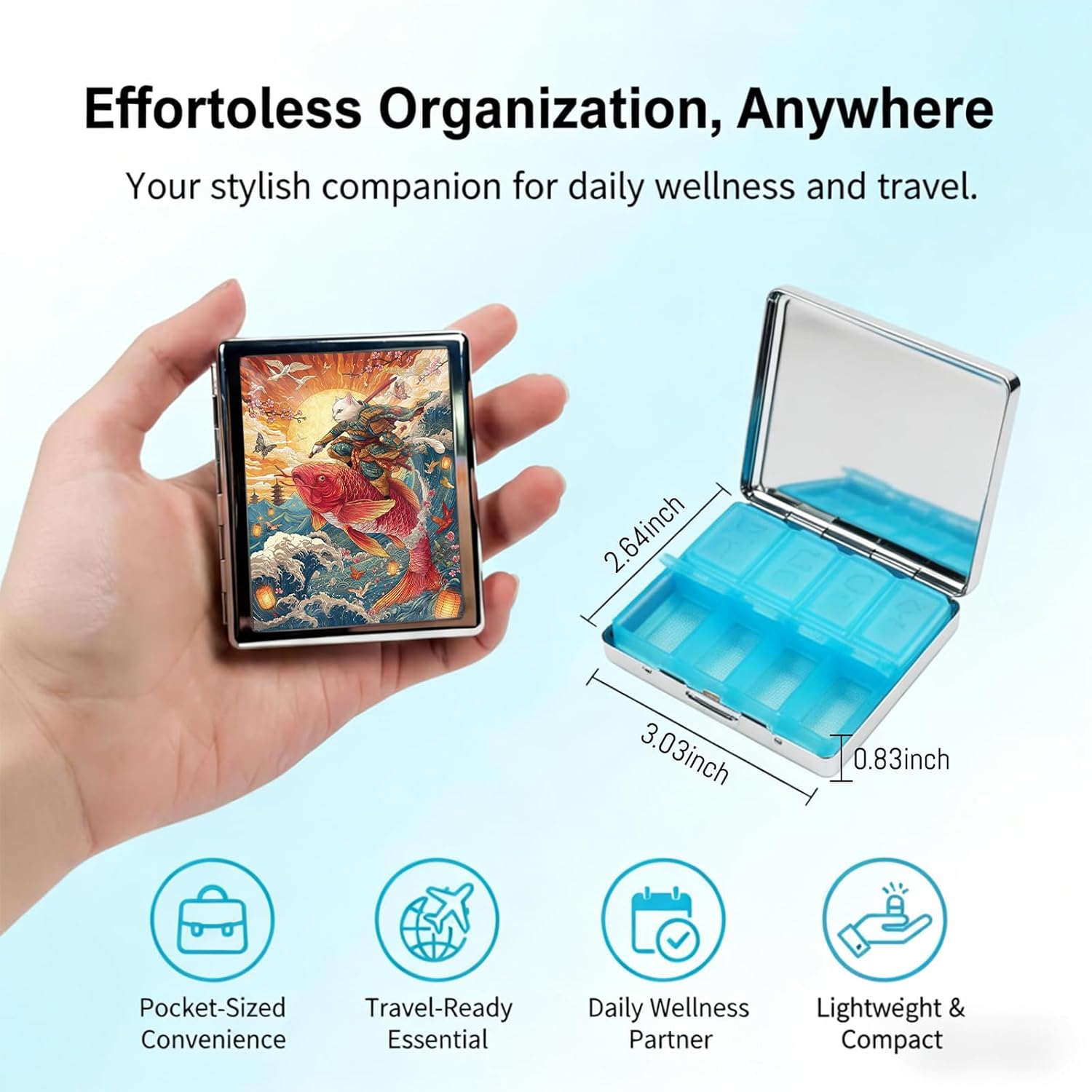 Weekly Pill Organizer, Metal Pill Box with 8 Compartments, Small Travel Pill Case for Purse Pocket, Medicine Vitamin Supplement Organizer (Cat Rider)