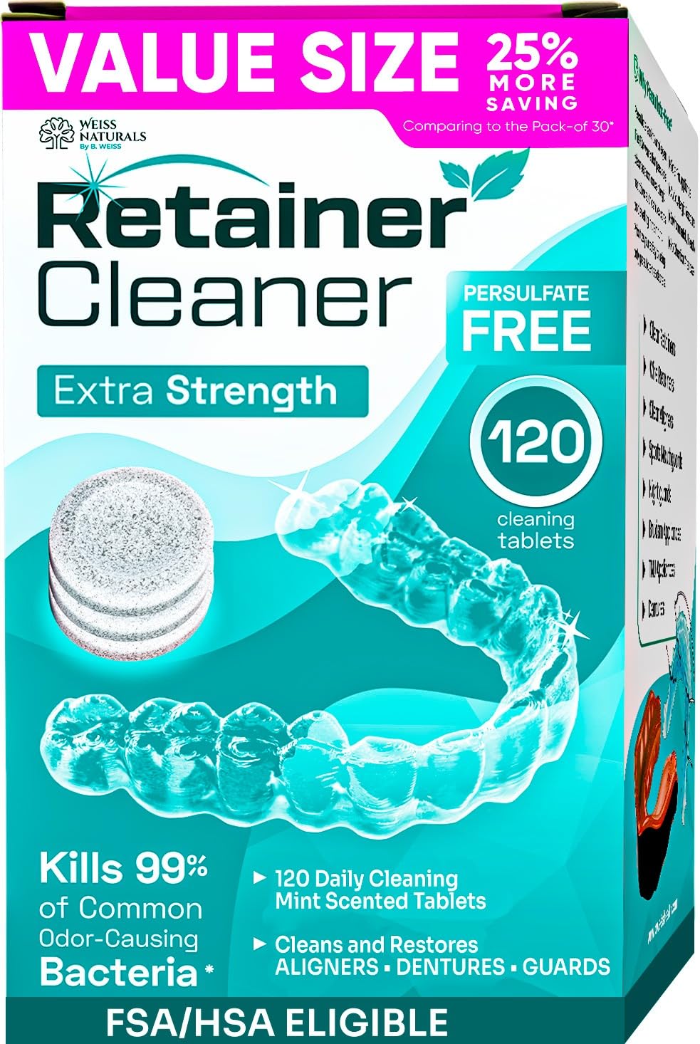 Weiss Naturals Retainer Cleaner Tablets, Invisalign Cleaner, Remove Stains, Odors & Plaque, PERSULFATE FREE Night Guard & Denture Cleaner 4-Month Supply, 120 Mint Scented Tablets