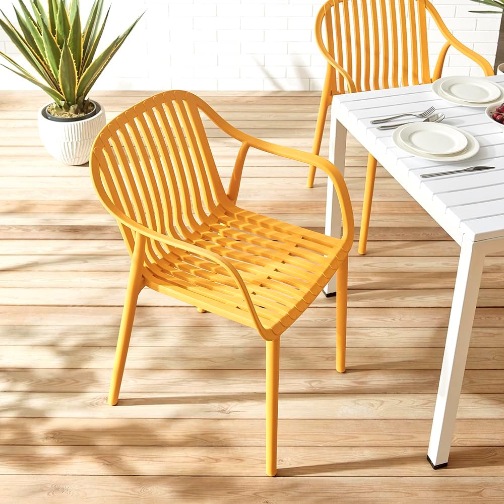 Modern Stackable Outdoor & Indoor Plastic Dining Chairs Set, Armchairs Set, Weather-Resistant, Ideal for Patios, Cafes, and Home Use, Set of 4 (Mustard Yellow)