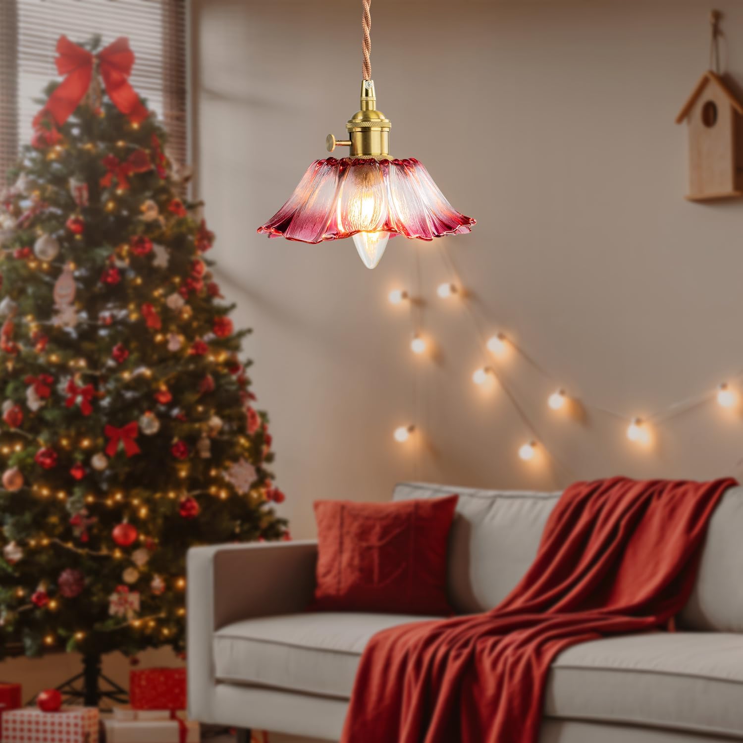 Kulukulu Retro Style Pendant Light, Mid Century Smoked Glass Ceiling Hanging Lamp, Vintage Hand Blown Fixture for Bedroom Dining Room, Kitchen Island - Flower, Purple, Small, 1 Pack