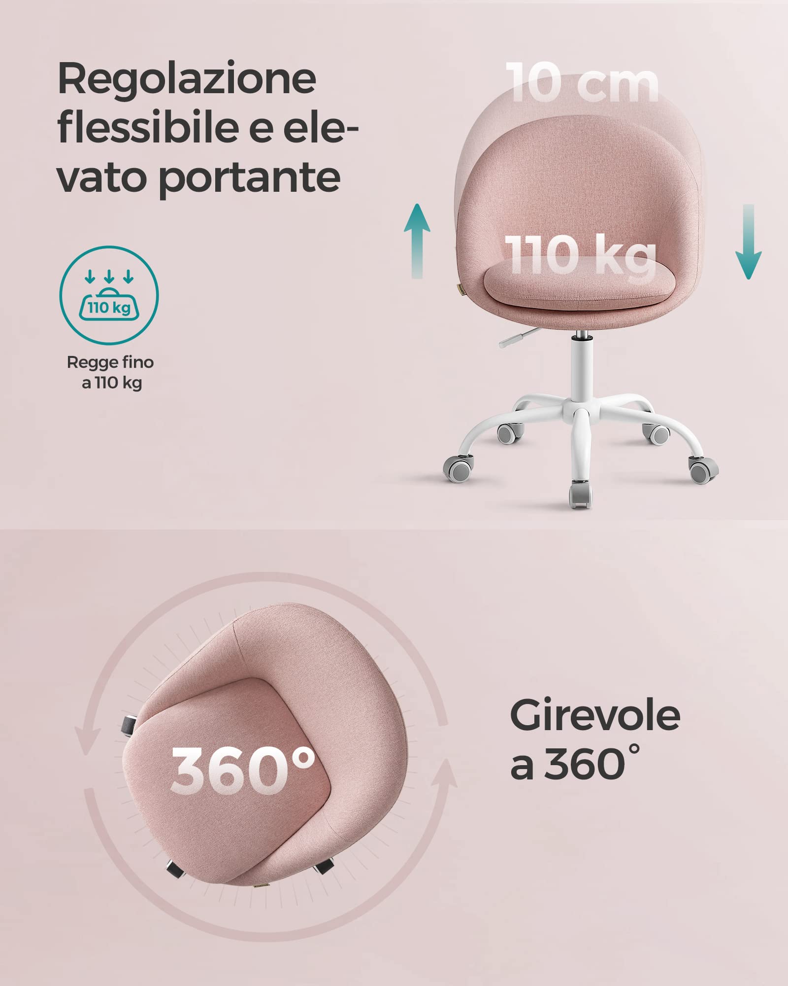 SONGMICS Sedia da Studio, Sedia Girevole di Cotone-lino, Poltrona da Scrivania Imbottita in Gommapiuma Regolabile in Altezza, Studio, Camera da Letto, Rosa Gelatina OBG020P01