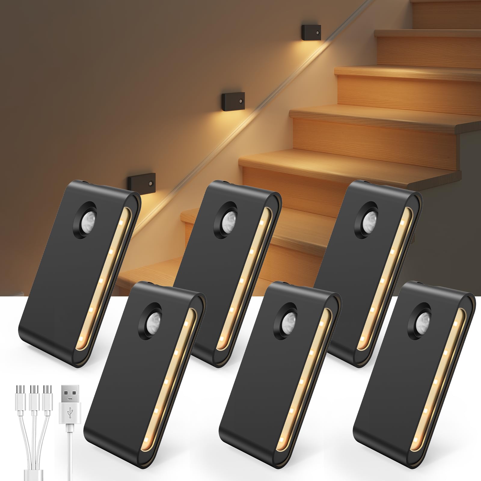 EZVALO Lot de 6 veilleuses à détecteur de mouvement, synchronisées à DEL pour intérieur, 1500 mAh, rechargeables et magnétiques, blanc doux 3000 K, veilleuse portable pour couloir, escaliers, salle de