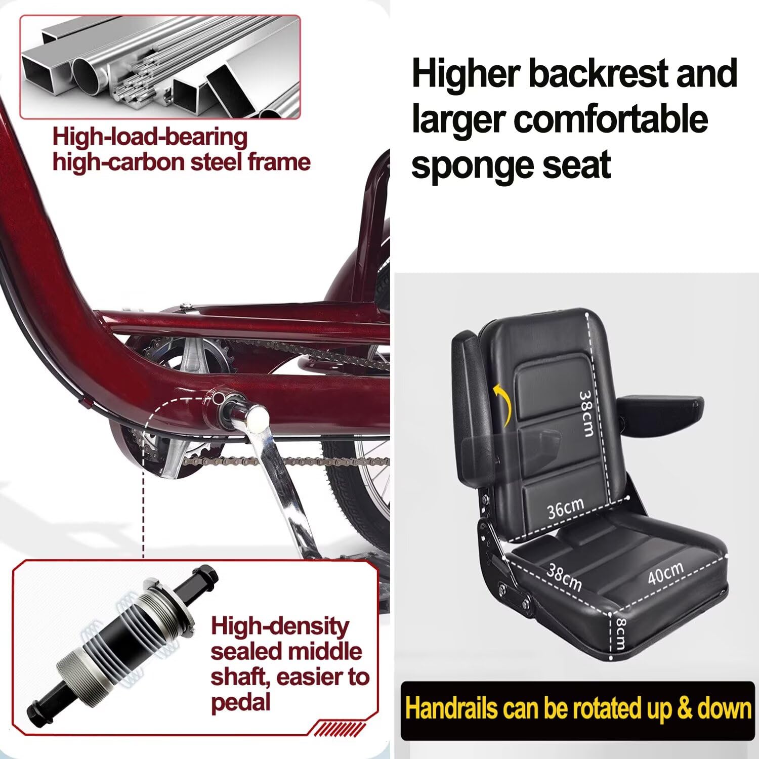 Triciclo para adultos con asiento ajustable y respaldo plegable, horquilla delantera hidráulica para un paseo suave, ideal para ocio y ejercicio