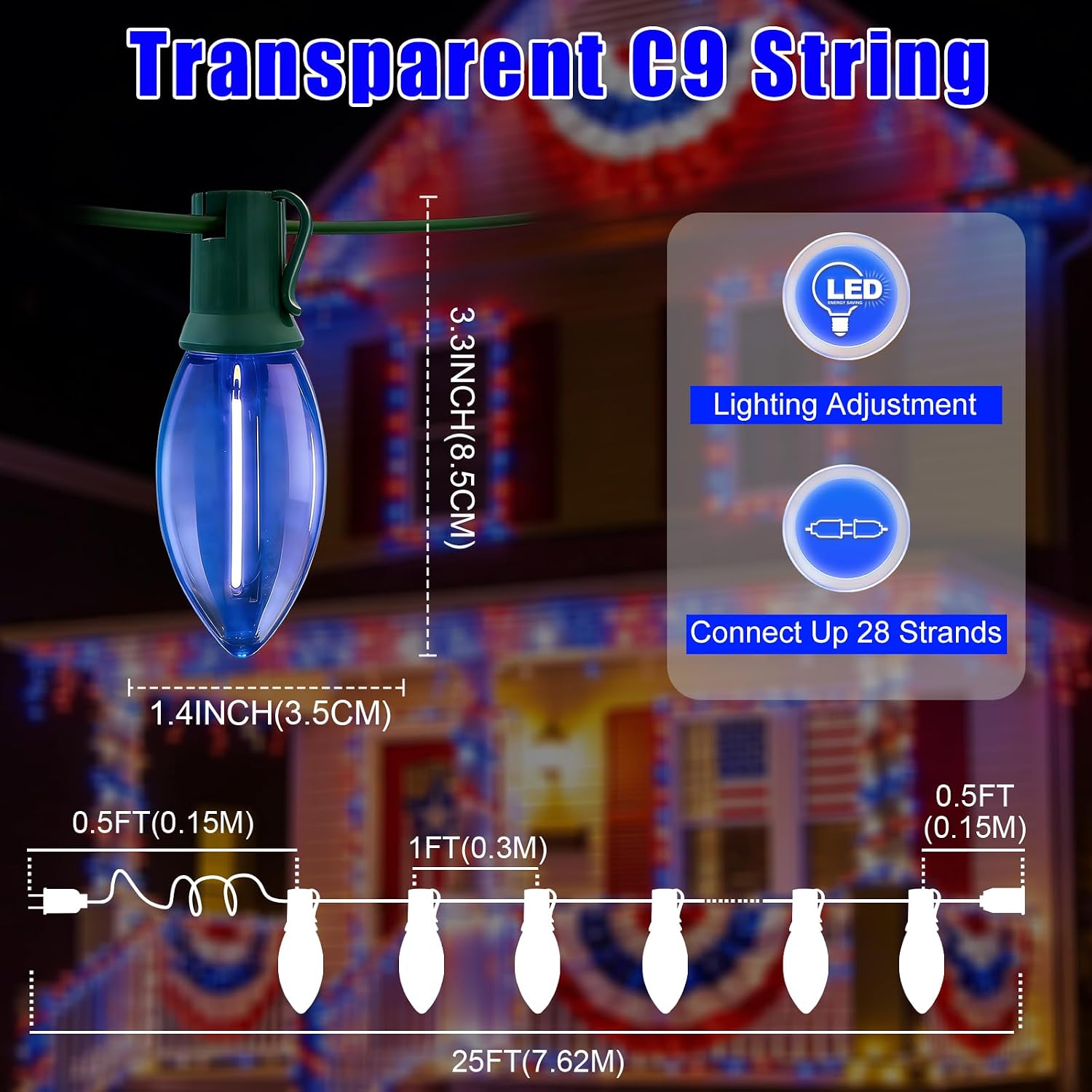25 LED Transparent C9 String Lights with Green Wire, Multi Lighting Modes, Classic C9 Lights for National Day Holiday Party Decor