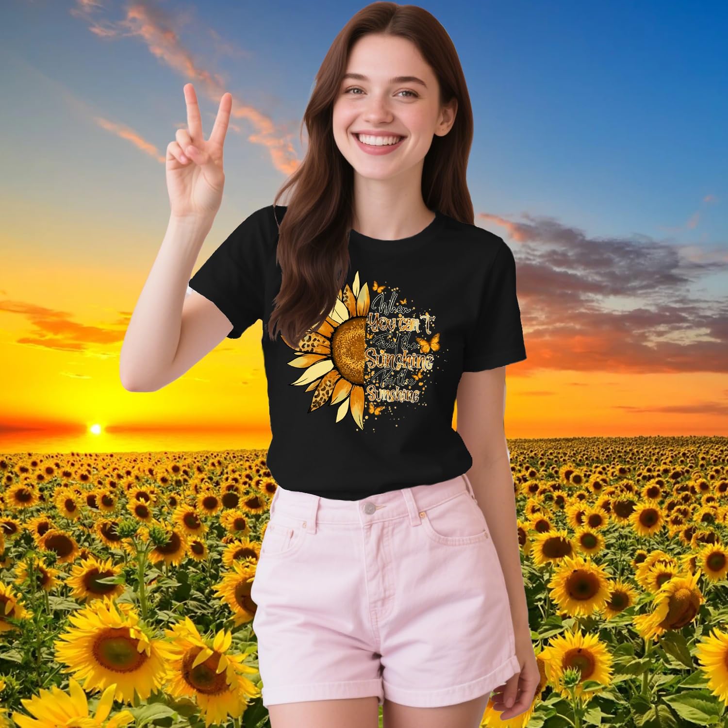 Womens Sunflower Shirts When You Cant Find The Sunshine Be The Sunshine T-Shirt Inspirational Tee Tops - Image 3