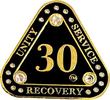 1-55 Years AA 30-Year "Midnight Crystals" Triangle Coin - Alcoholics Anonymous Medallion, AA Sobriety Medallion, Triangular Sobriety Chip, Clear Crystals, Golden, Black Rainbow Glitter