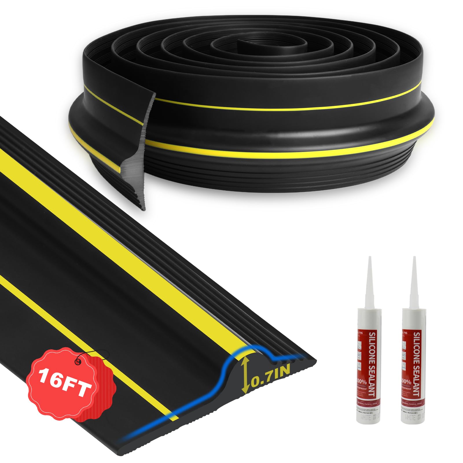 DGSL 16FT Universal Garage Door Bottom Threshold Seal Strip with 2 Adhesives, 2025 Upgrade 0.7'' in Height Weatherproof Rubber DIY Weather Stripping Replacement for Garage Door