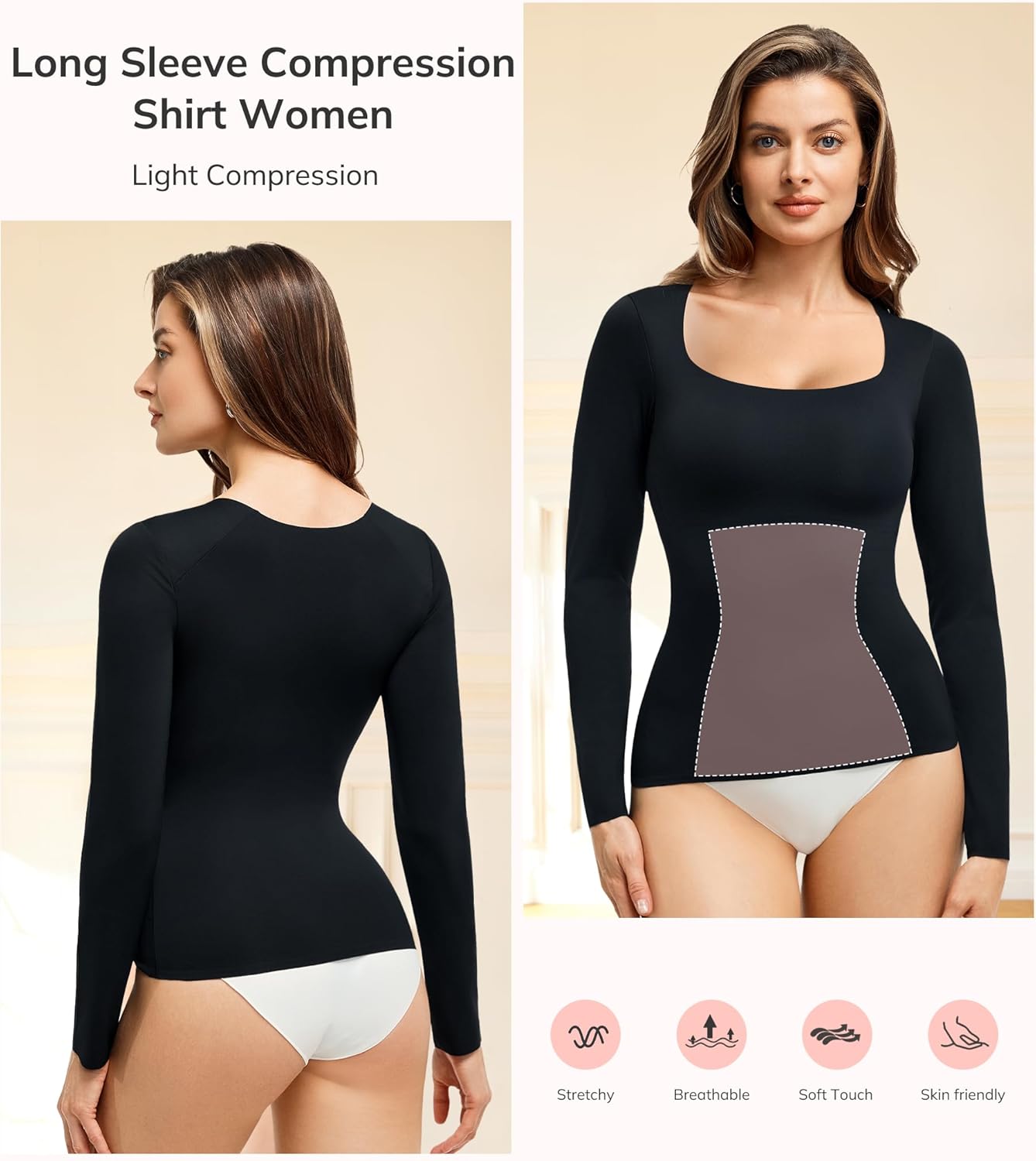 LODAY Tummy Control Shapewear Tank Top Square Neck Long Sleeve Top Slimming Body Shaper Compression Tanks for Women - Image 5
